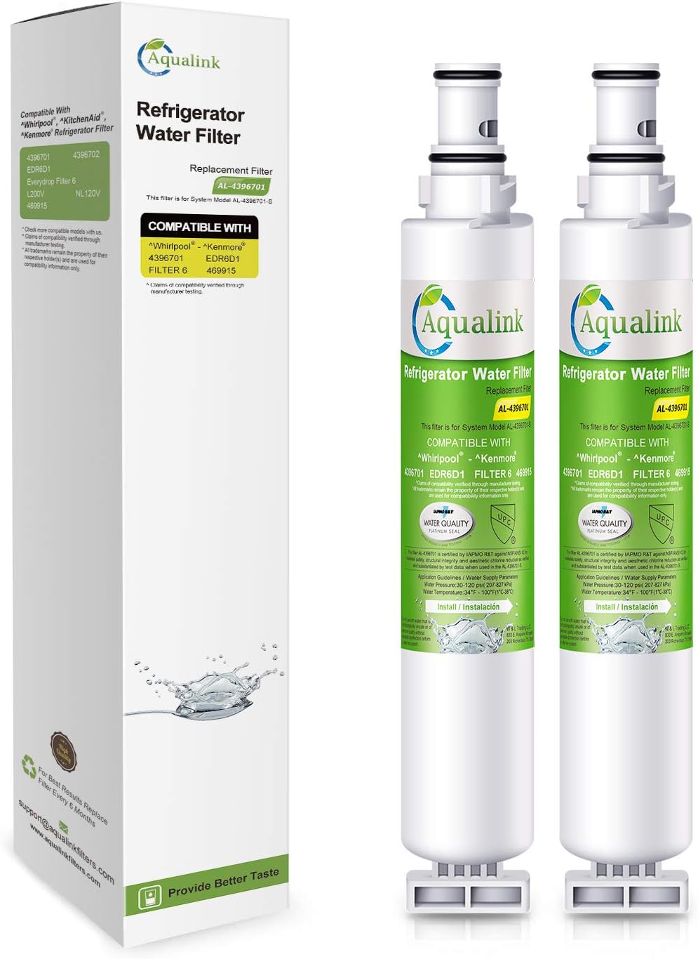 AQUALINK 4396701 Refrigerator Water Filter Replacement for Whirlpool 4396702, EDR6D1, Kenmore 9915, EveryDrop Filter 6, 46-9915 L200V, LC200V, NL120V, RWF2000A 2 PACK