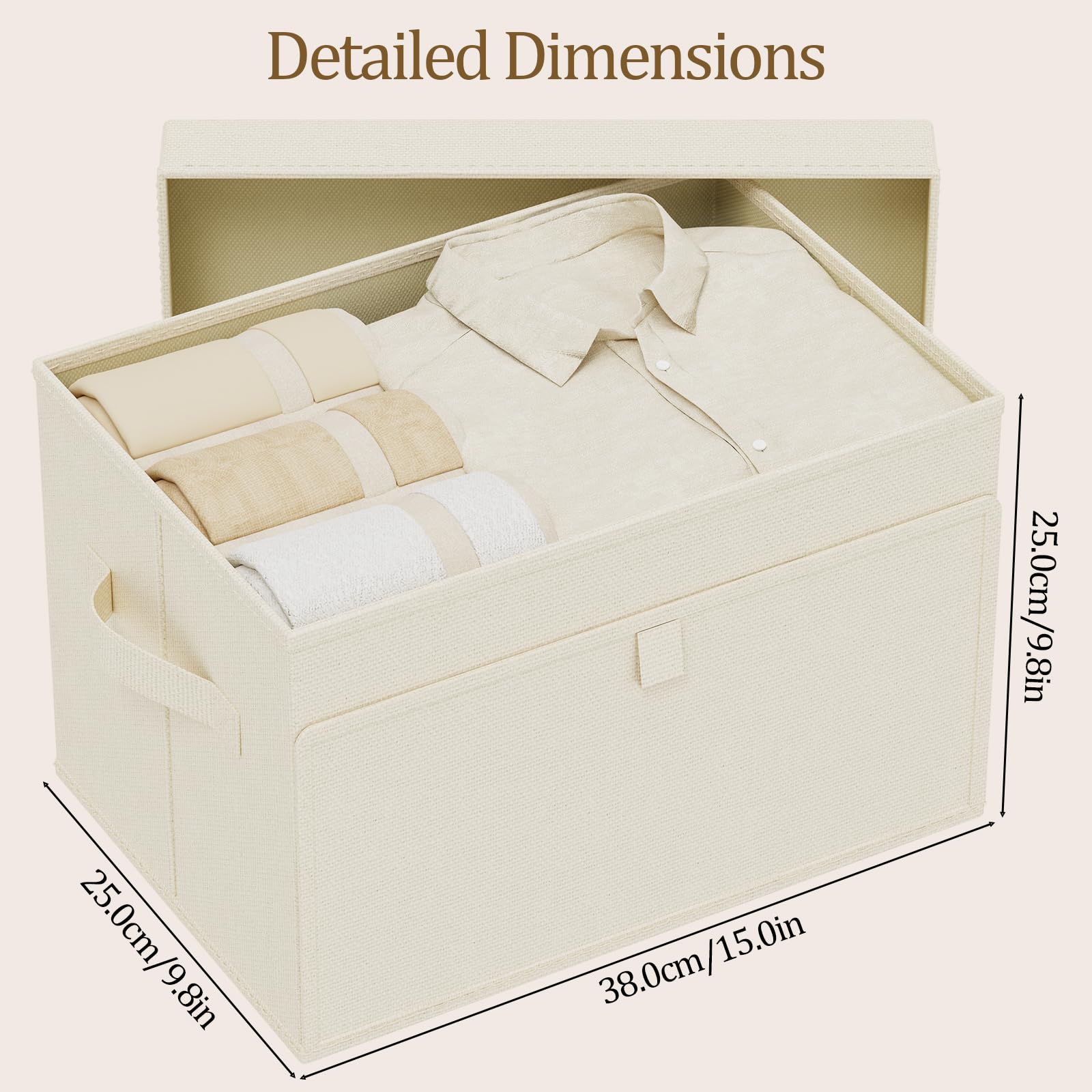 Scatole di Stoccaggio Pieghevoli con Coperchi, Organizzatore Armadio con Manici, Cubo Portaoggetti in Tessuto, per Casa, Ufficio, Scuola, 3 Pezzi, 38x25x25cm, Beige