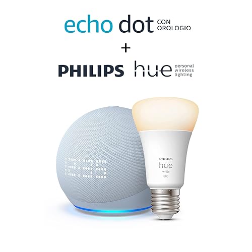 Immagine del prodotto Echo Dot (5ª generazione, modello 2022) con orologio, Azzurro tenue + Philips Hue White Lampadina LED Smart (E27), compatibile con Alexa - Kit di base per Casa Intelligente