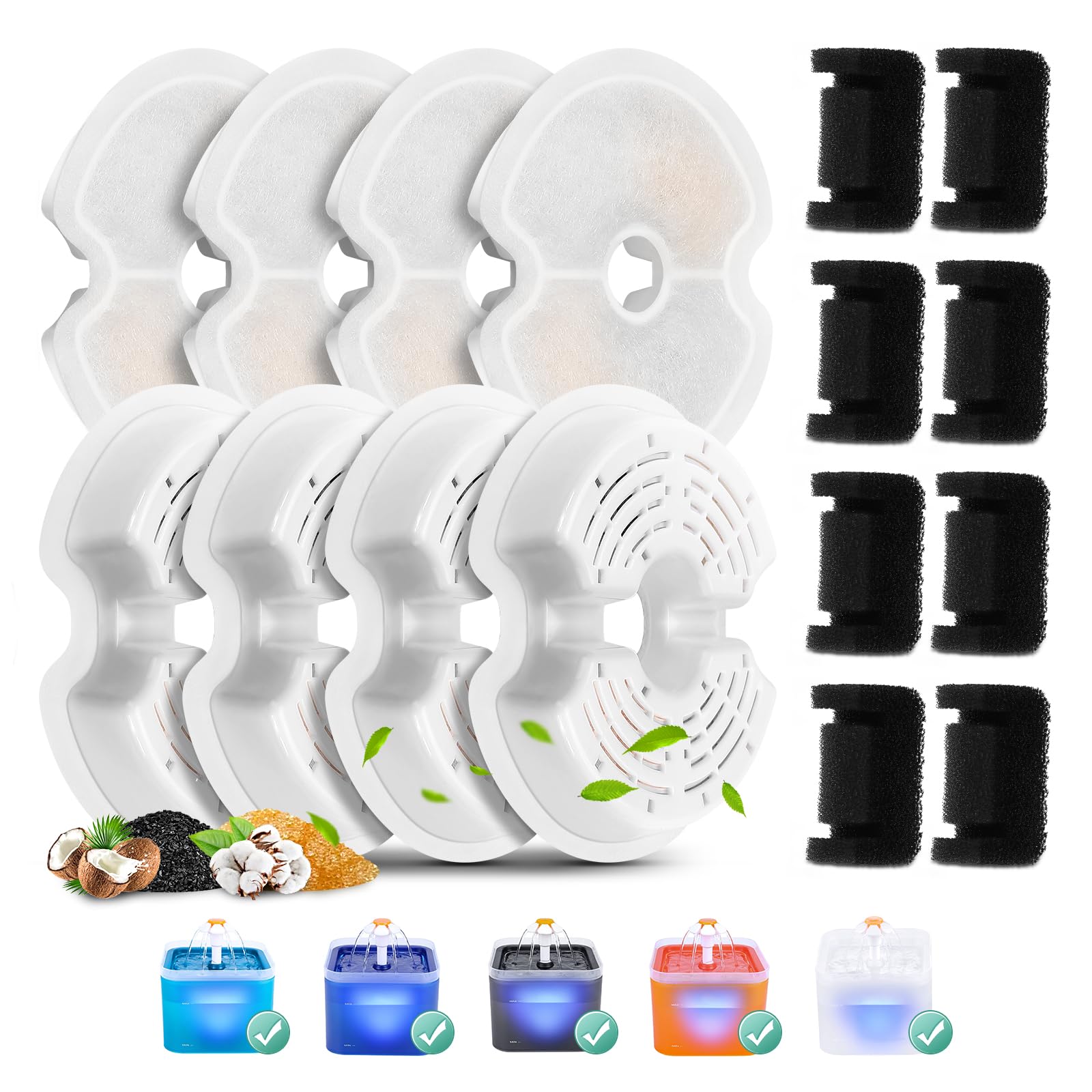 Paquete de 8 filtros de repuesto y 8 filtros de bomba para fuente colorida para gatos de 67 onzas/2 L con luz LED, filtro de fuente de agua para gatos BFLICROY con filtración cuádruple