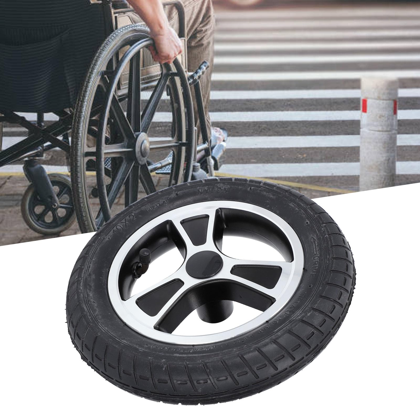 Pieza de repuesto Rueda trasera de 10 pulgadas con cubo de aleación de acero y neumático de goma - Adecuado para sillas de ruedas, andadores y andadores - Antideslizante y