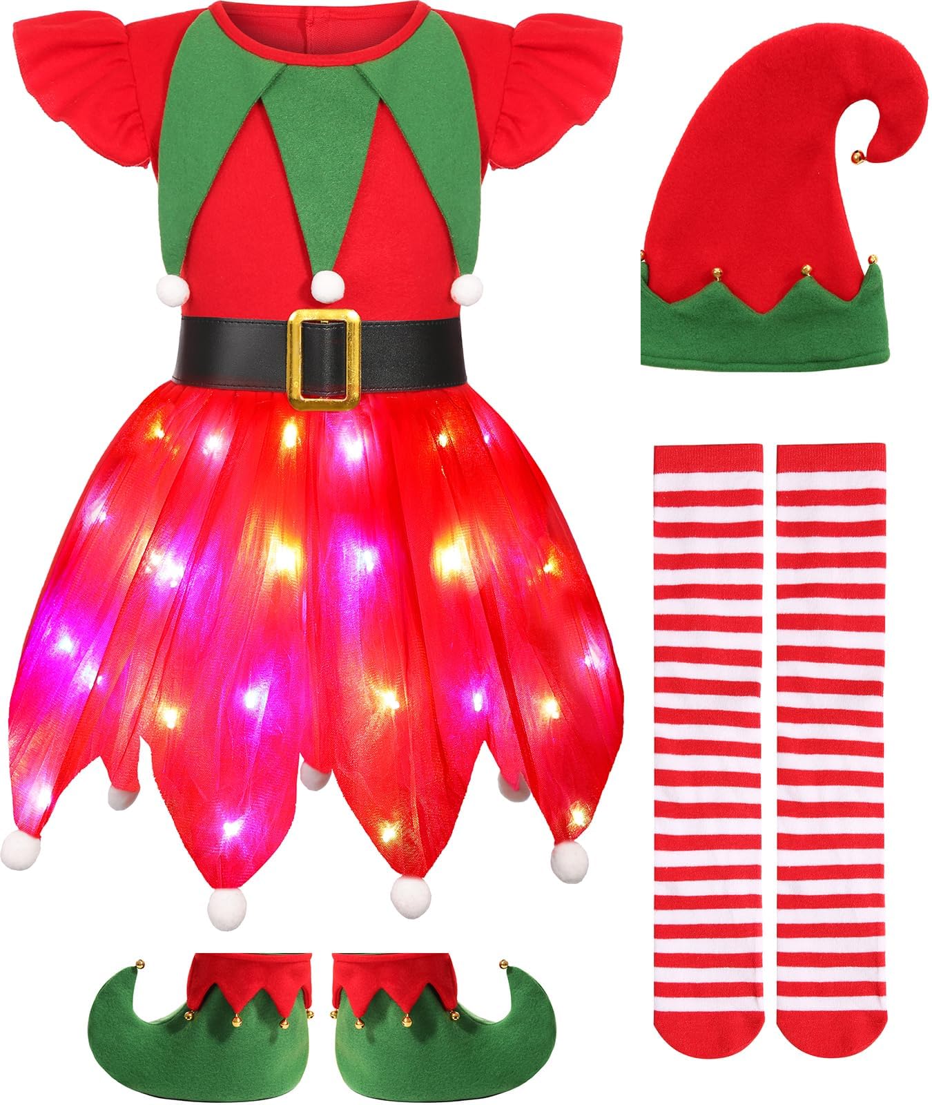 Elf Costume for Girls Kids LED Light Up Elf Dress for Christmas Girl