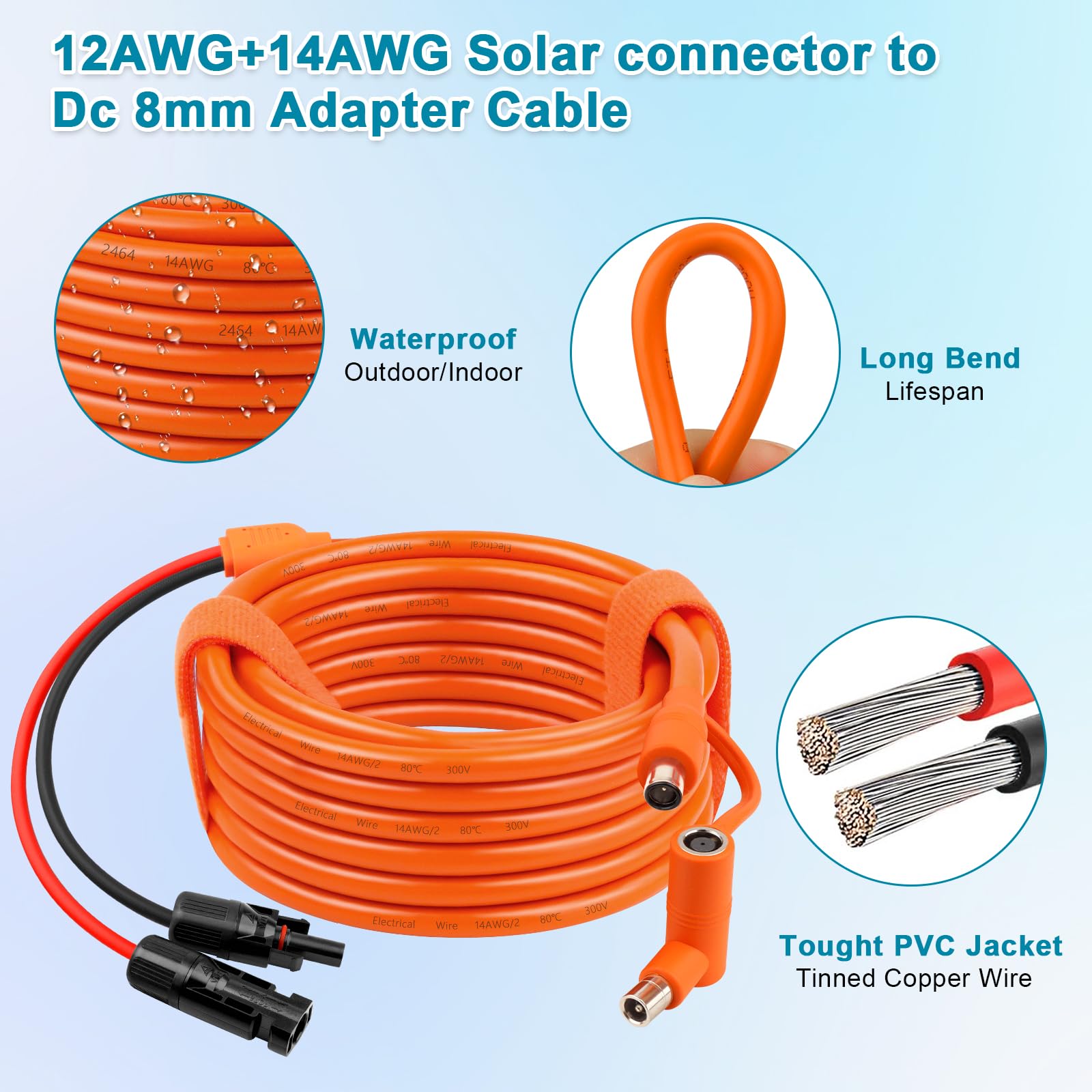 XRDS -RF Cavo adattatore da pannello solare a CC 8 mm, 6,3 m, connettore solare a spina maschio DC7909/8020, cavo di prolunga da 12 AWG + 14 AWG, compatibile con centrali elettriche portatili