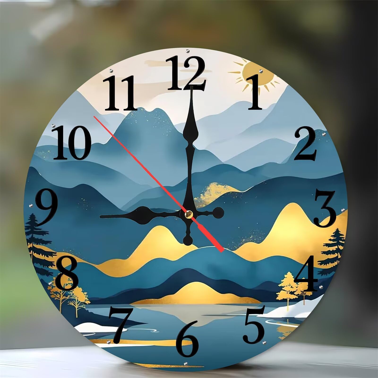 Horloge murale en bois ronde 35 cm avec motif montagnes abstraites