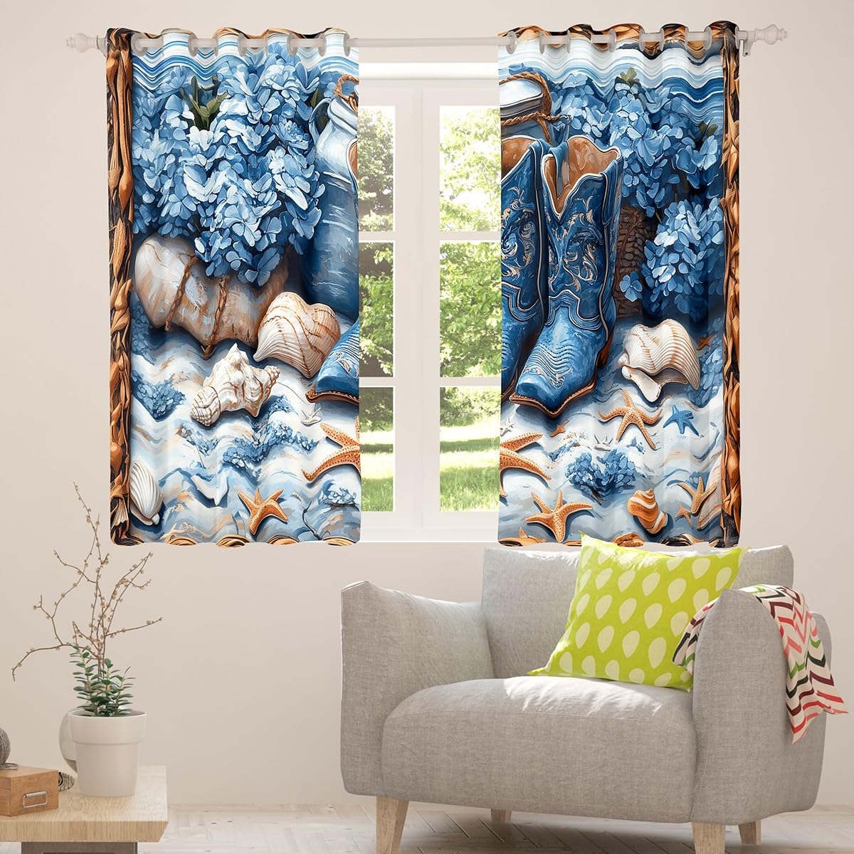 Tende per finestre con cowboy occidentale, con stivali tribali blu, fiori da spiaggia, stelle marine, conchiglie, conchiglie, tenda per camera da letto, tenda rustica in legno per