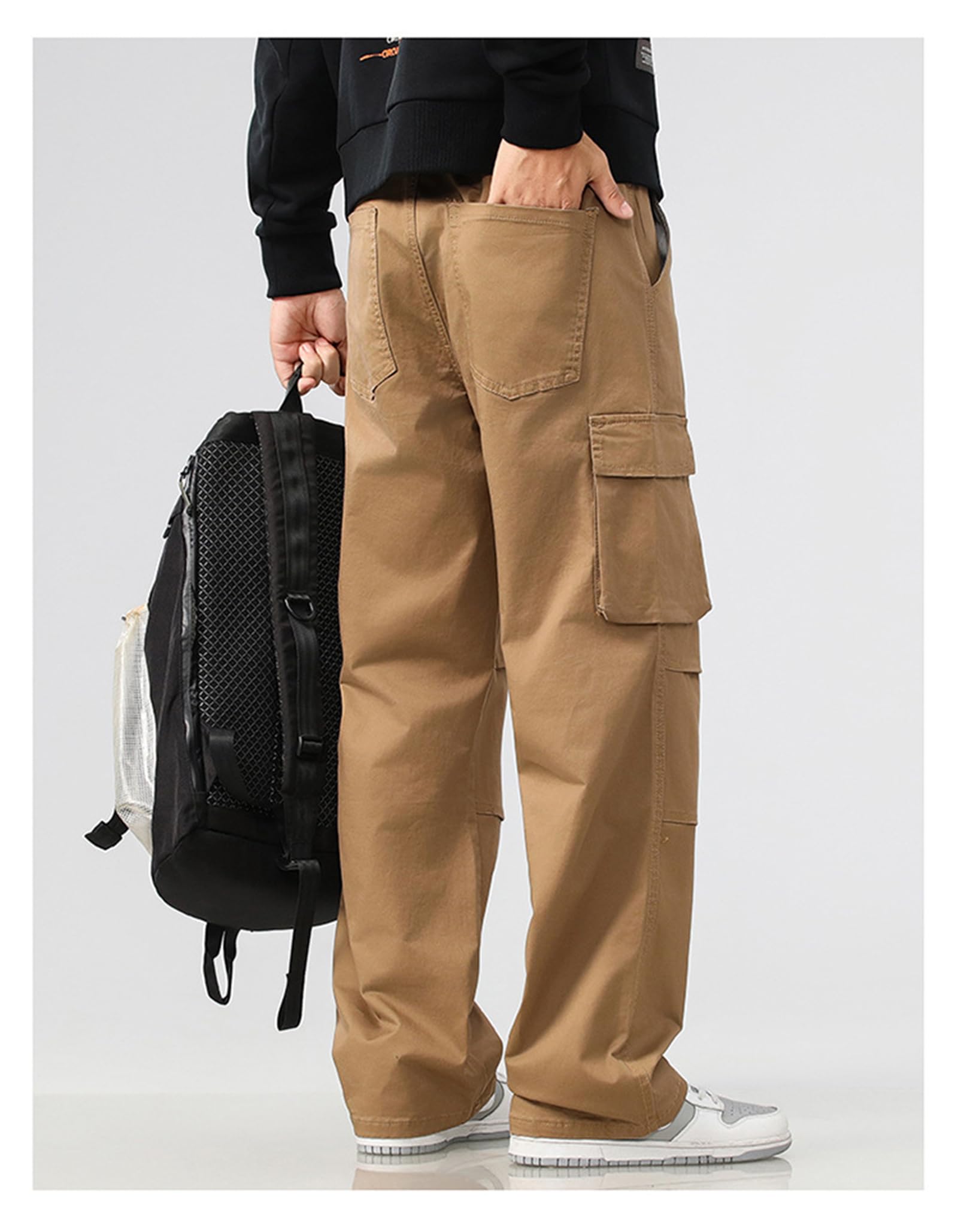 Pantaloni cargo per uomini in cotone a gamba dritta, vestibilità rilassata, pantaloni da lavoro casual con tasche a lembi