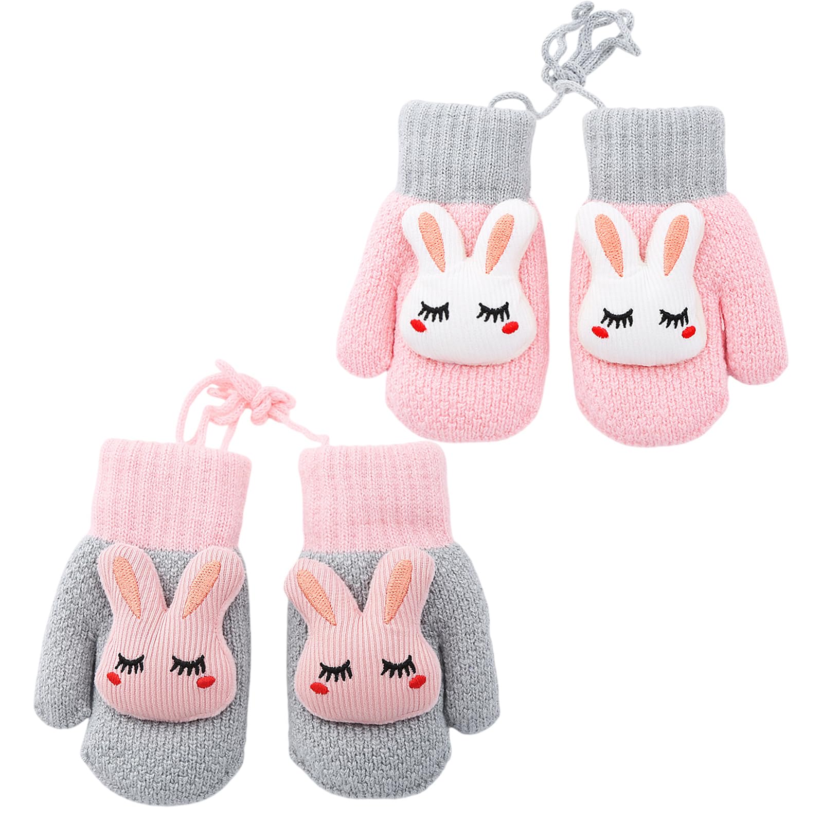UILYNIU 2 Pares Guantes Invierno Niños, Manoplas Bebe, Guantes Bebé, Guantes Térmicos Bebé, Guantes con Cuerda, Guantes de Punto con Forro Polar, Guantes para Bebé Niños Niñas 0-3 Años
