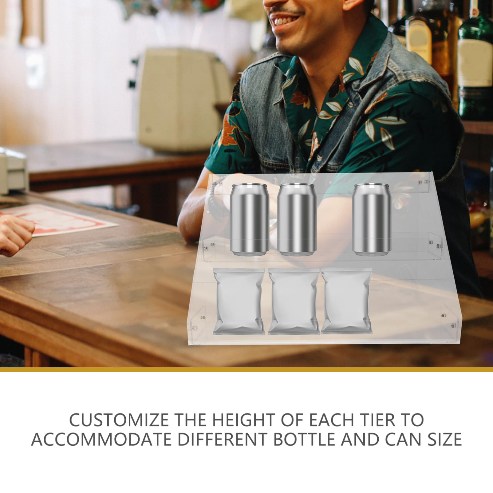 Estante acrílico para exhibición de bebidas, versátil para bebidas y aperitivos para tiendas de conveniencia, estantes minoristas y uso doméstico, maximiza la visibilidad y la eficiencia del espacio