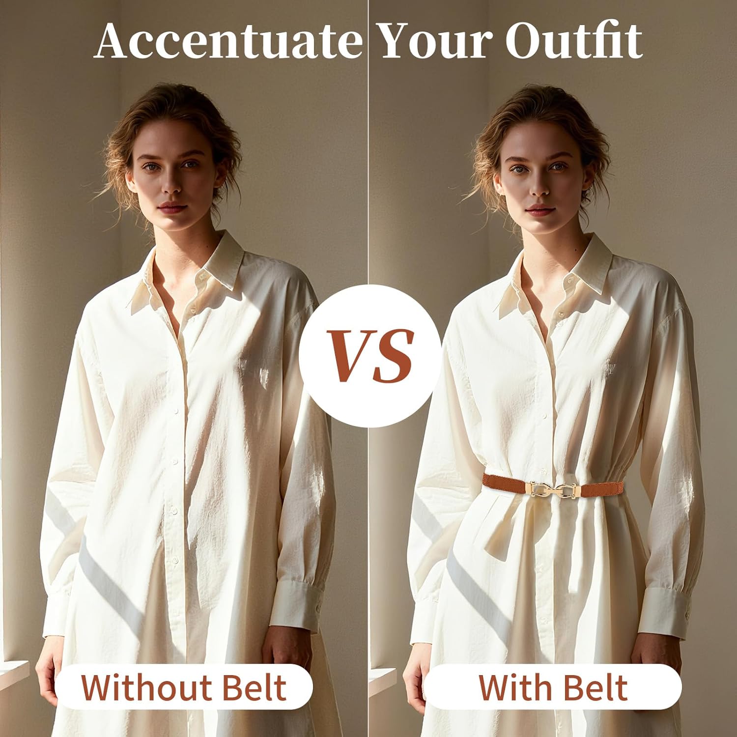 Women Stretchy Thin Waist Belt, Retro Elastic Skinny Belt with Gold Buckle for Ladies, Perfect for Dresses & Shirts, 2 Pack - Image 6