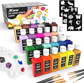 24 couleurs de peinture textile en flacon (60 ml) avec pinceaux, palette, pochoirs, peintures textiles non toxiques pour T-shirt, chaussures, sac, jeans, pas besoin de chauffage