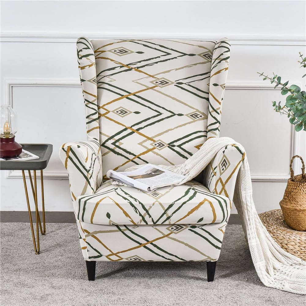 Wingback Chair Covers 2 Piece, Wing Chair Slipcover Stretch Slipcovers for Wing Armchair Cover with Elastic Bottom, Furniture Protector for Living Room Bedroom (Turkish Style)
