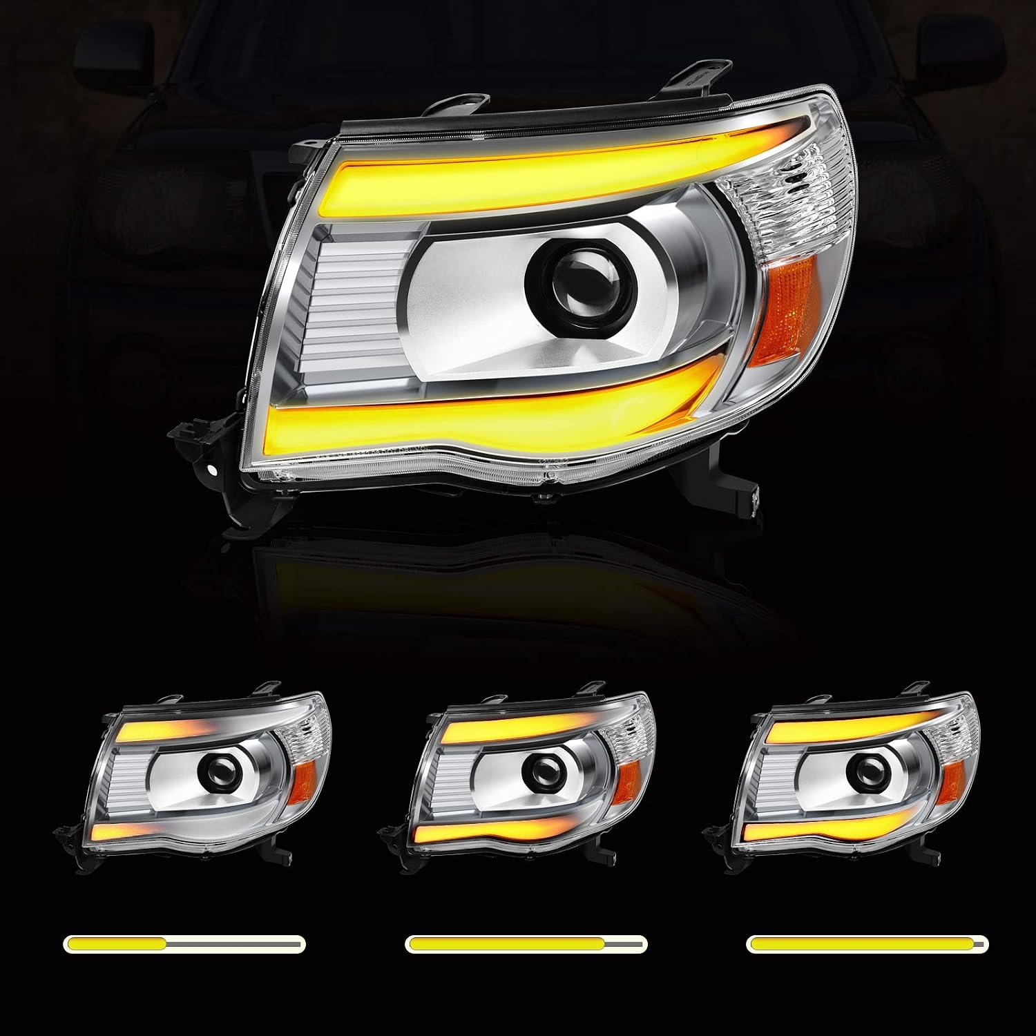 DWVO Projector Headlights Assembly Compatible with Tacoma 2005 2006 2007 2008 2009 2010 2011 Sequential Turn Signal Lights LED DRL Headlamp Chrome Housing