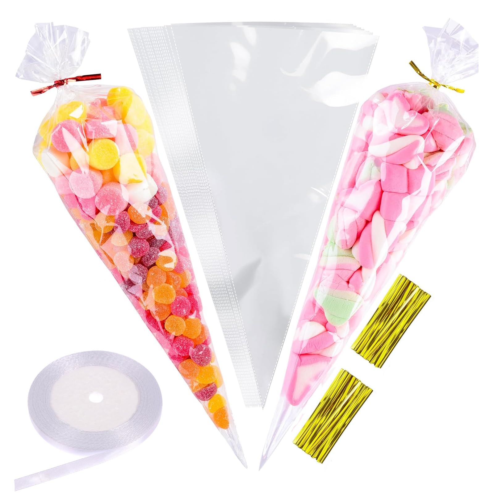 Moywycno 200Pcs Sweet Cone Bags,18X37cm Cones Bags With 200Pcs Colorful Ties, Triangle Sweet Cones Bag For Candy,Cookie,Baking,Displaying And Wrapping