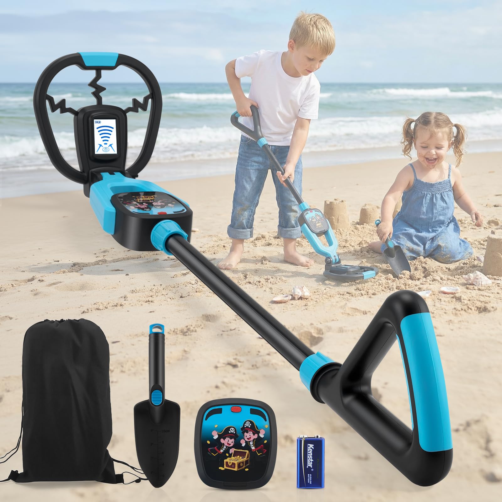 Metal Detector Bambini, Metal Detector per Bambino con Asta Regolabile 72–83 cm, Display LCD, Bobina di Ricerca Impermeabile, Ad Alta Sensibilità Metal Detector per Bambini con Borsa Pala