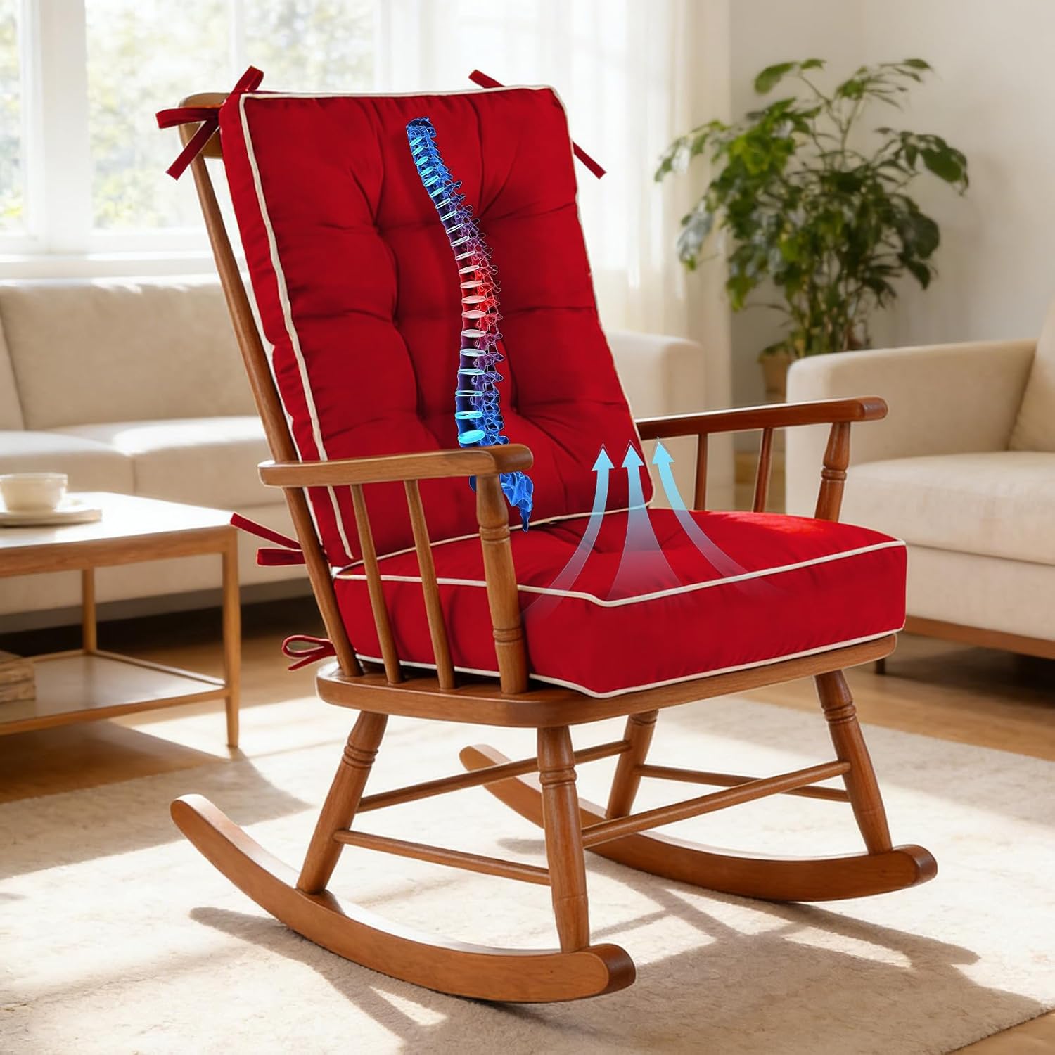 Memory Foam Non Slip Rocking Chair Cushion, FadeShield Water Resistant Thicken Tufted Pads，Wine Red Standard