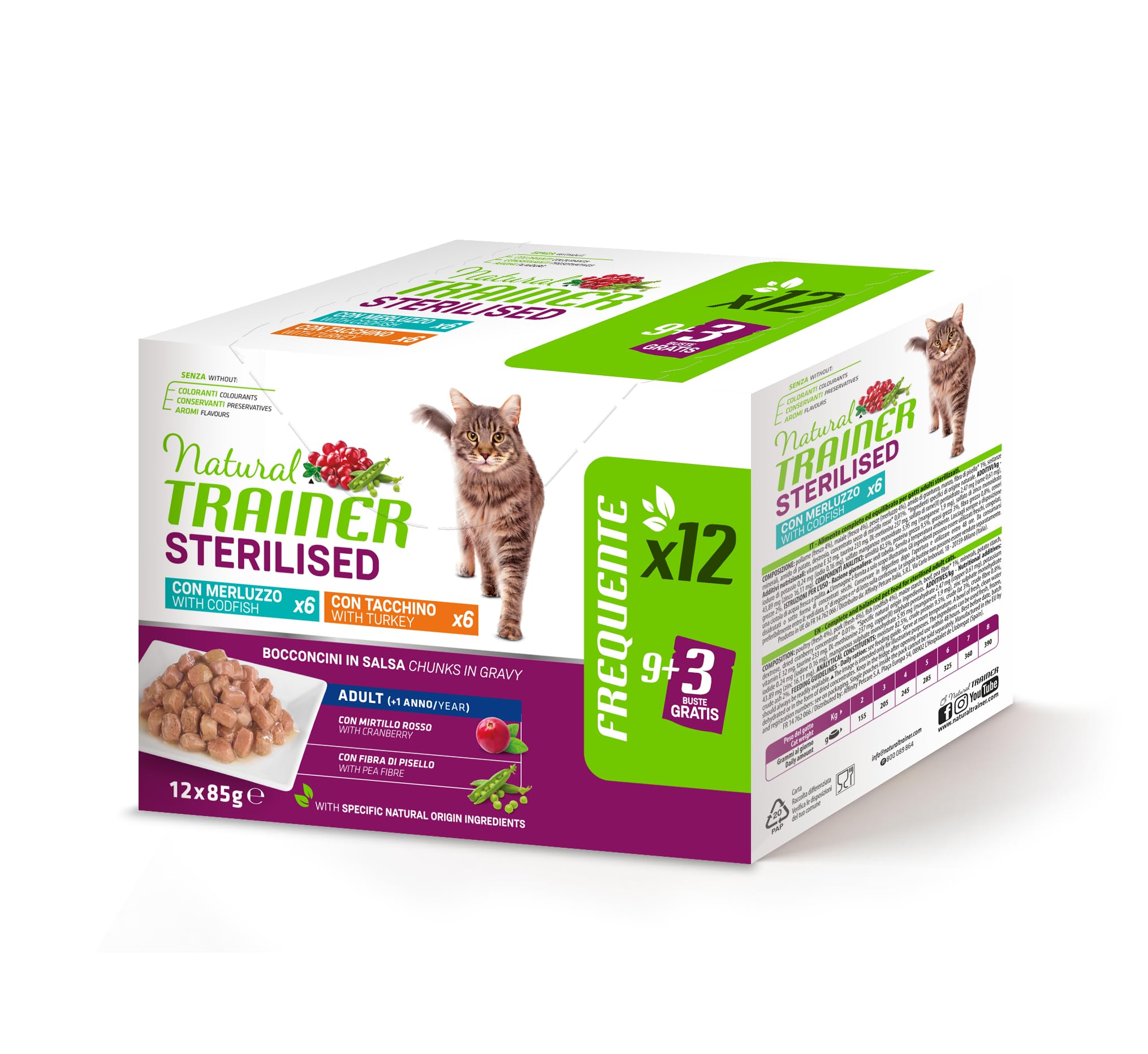 Natural Trainer Cibo Umido per Gatti Adulti Sterilizzati, Multipack Tacchino e Merluzzo, 12 x 85 g