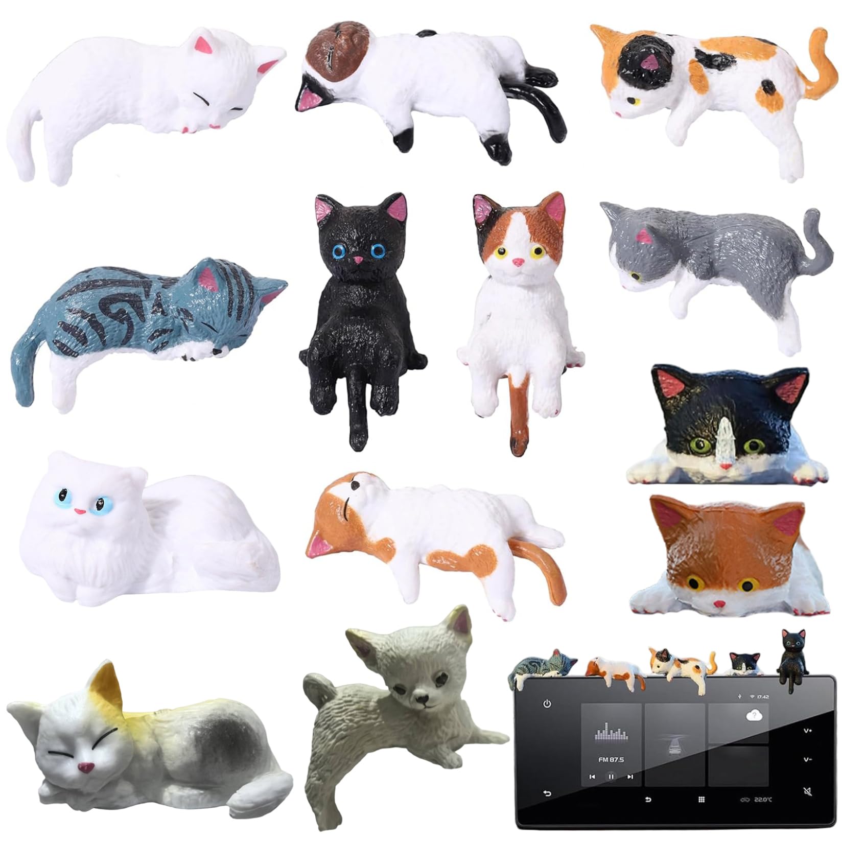 CAKEEYUM 13Pcs Mini Cat Desk Figurines Cute Resin Tiny Cat Figurines for Dashboard Computer Monitor Bookshelf & Office Decor