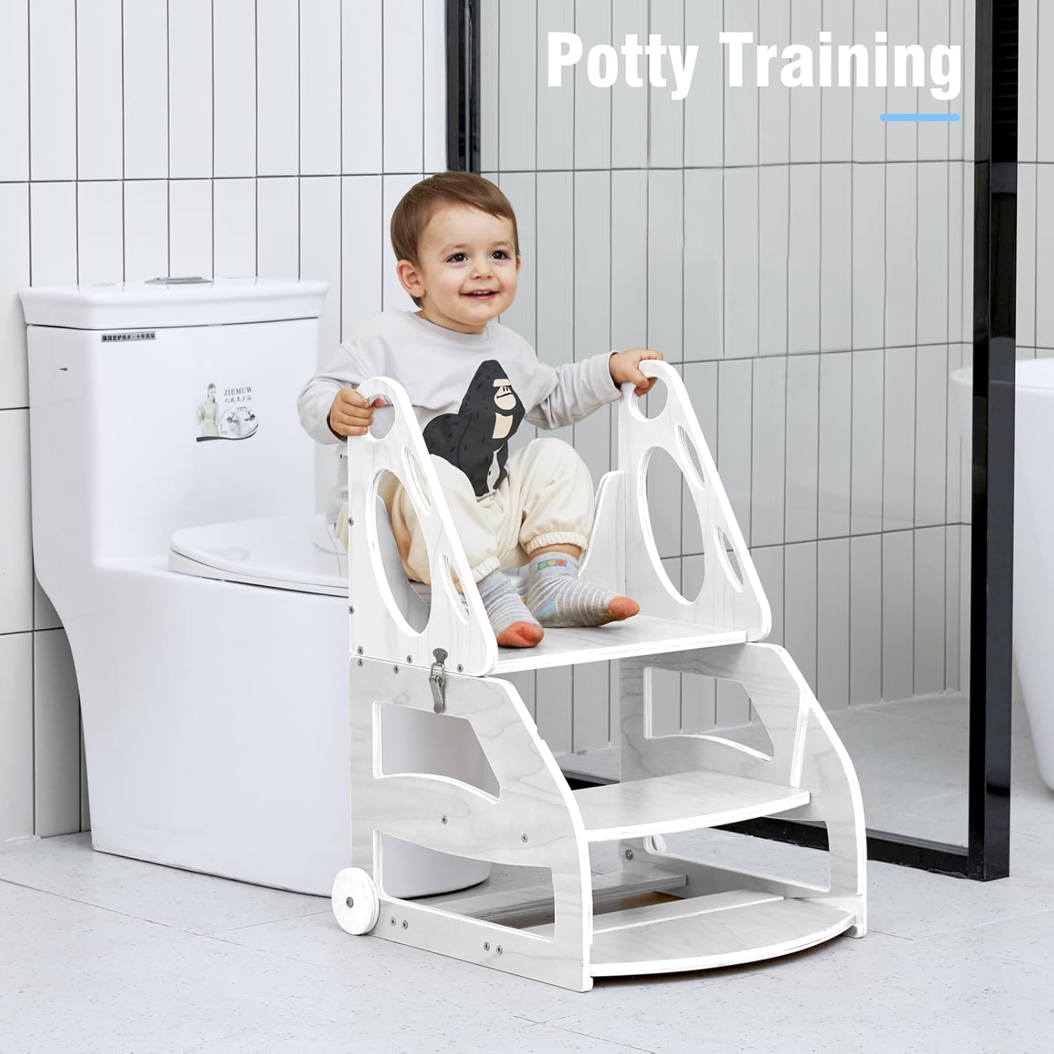 NeoBorn Toddler Step Stool, 2 in 1 Wooden Step Stool for Toddler, Adjustable Toddler Step Stool with Handles and Wheels, Convertible Kids Table and Stool Set, White