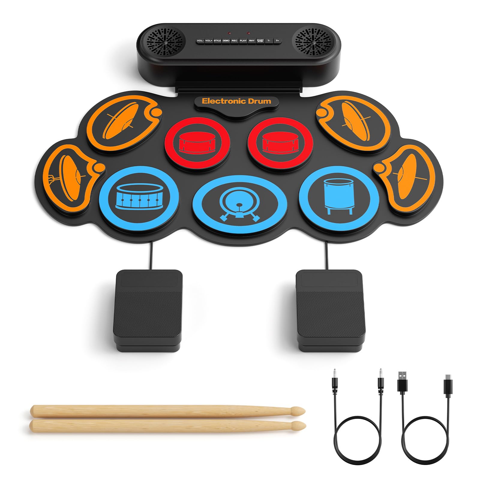 Schlagzeug Elektronisch Kinder, 9-Pad Elektronisches Schlagzeug Set, E-Drum Set mit 2 Pedalen, Dual-Lautsprecher & Sticks, Kopfhörer/Bluetooth/MIDI Unterstützung, Geschenk für Kinder & Anfänger