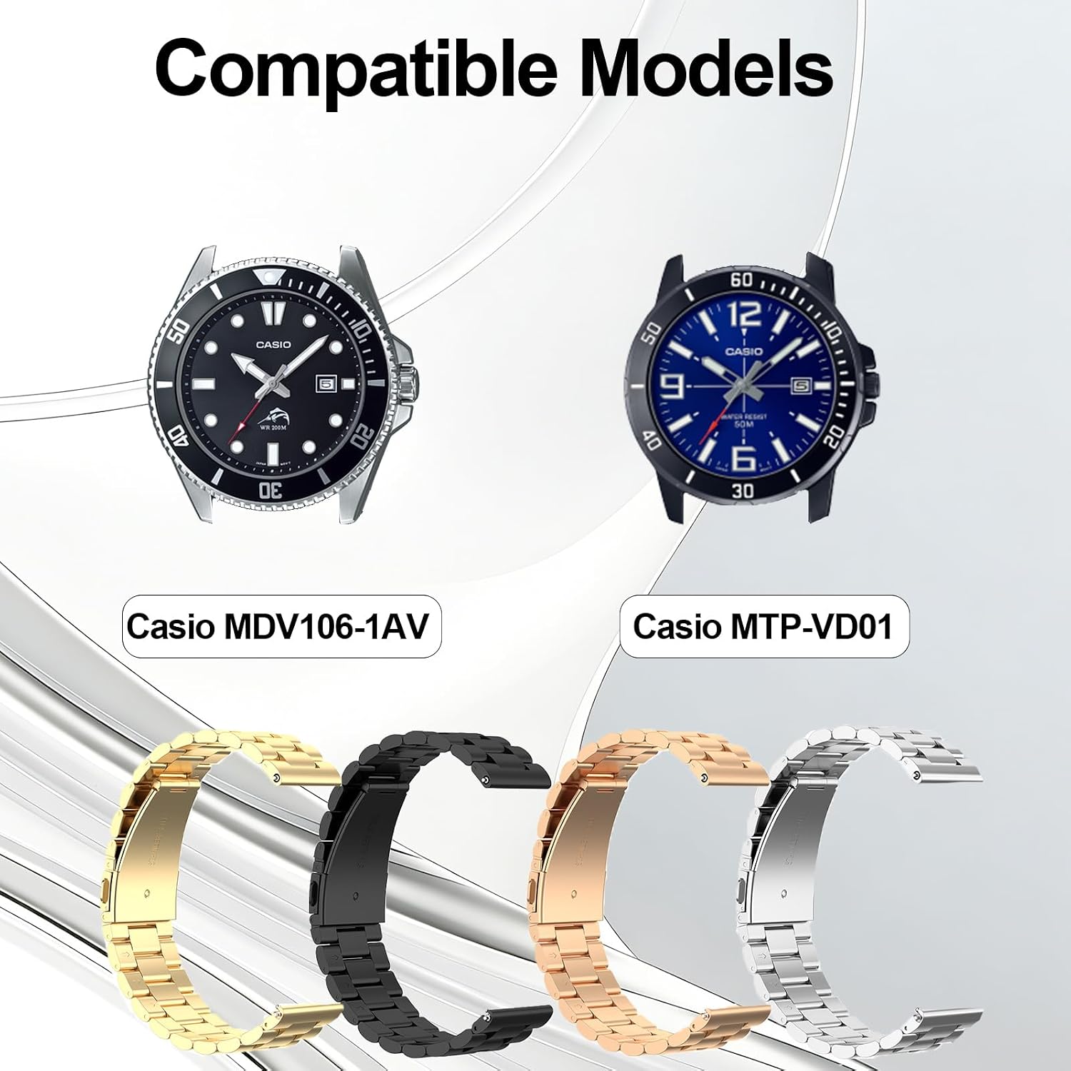 Stainless Steel Band Compatible with Casio MDV106-1A/MTP-VD01/MDV106-1AV,22mm Soft Quick Release Metal Watch Strap for Men's Casio MDV-106 Series Strap Replacement Men Women