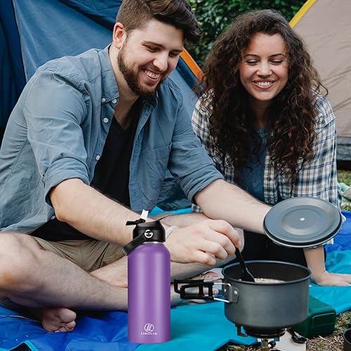 Miniatura 7 de Limonto Botella de agua aislada de 32 onzas con tapa de popote (2 tapas), botella de agua deportiva de acero inoxidable Vacumm de doble pared, taza