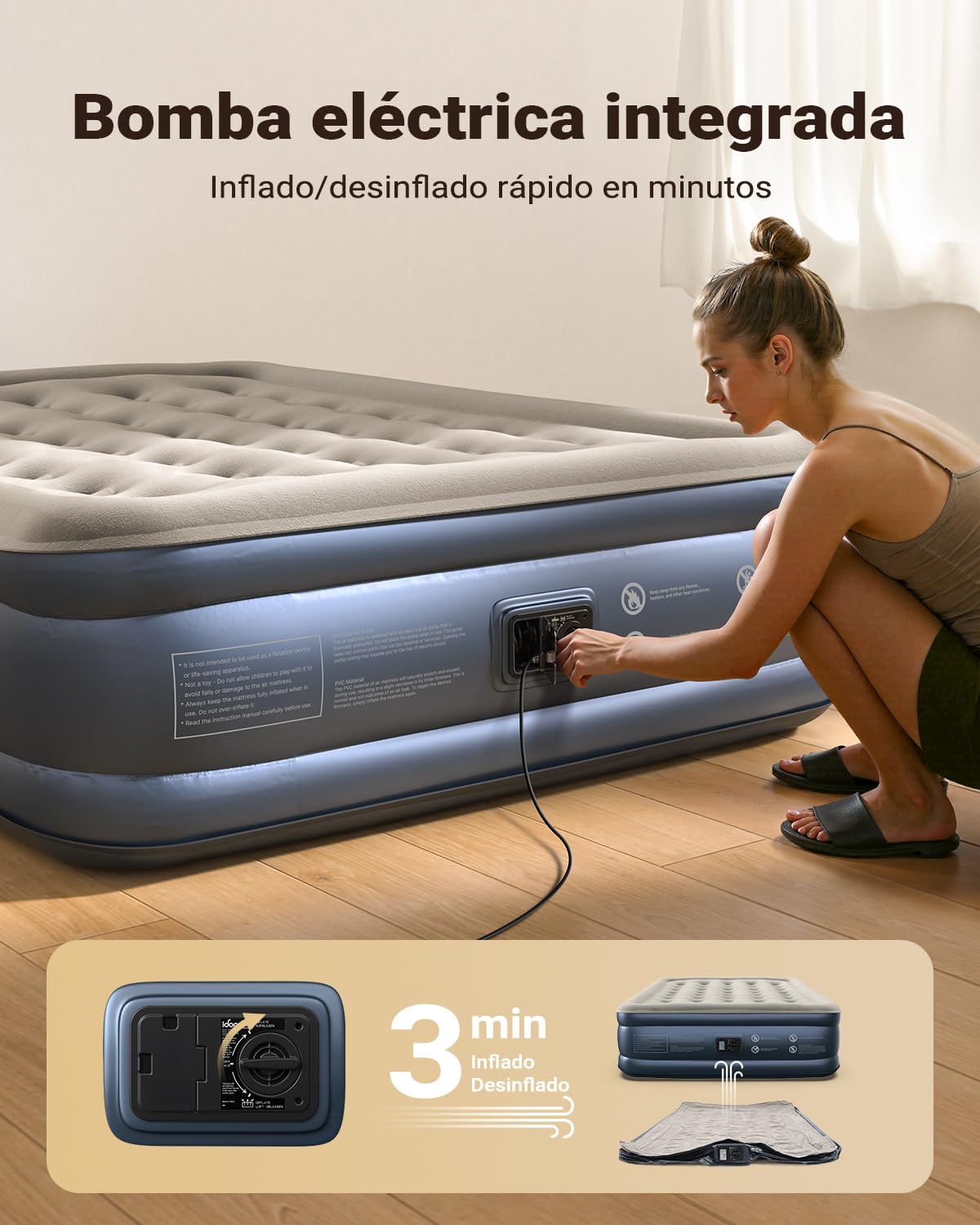 iDOO Colchón Hinchable 152x203x46cm Bomba Integrada Máximo 295kg Cama Matrimonial