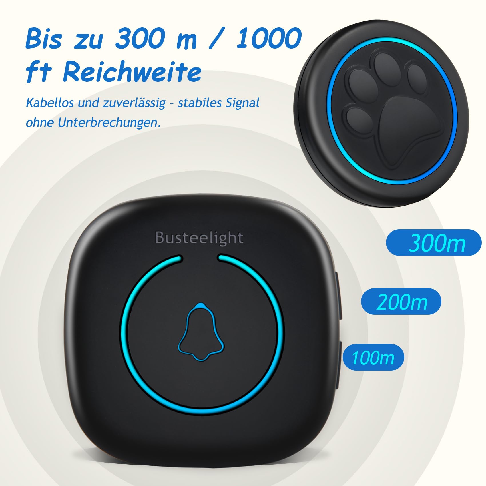 A6 Blk Katzen- & Hundeklingel für Tür – Kabellose Haustier-Türklingel, 300 m Reichweite, 60 Melodien, LED-Signal, Wasserdicht, Buzzer für Hund & Katze (1 Klingeltaster + 1 Empfänger)