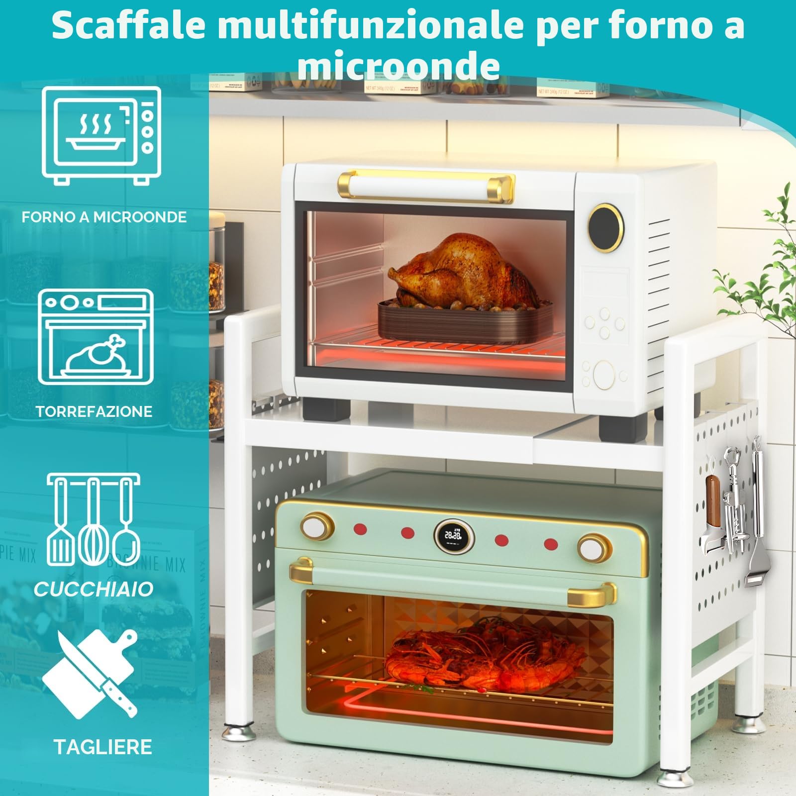 Mensola Microonde Estensibile, Regolabile Due Livelli Microonde Scaffale 40-65cm, Mensola Microonde Salvaspazio, Supporto Microonde con Rastrelliera per Tagliere, 6 Ganci, Istruzioni (Bianco)