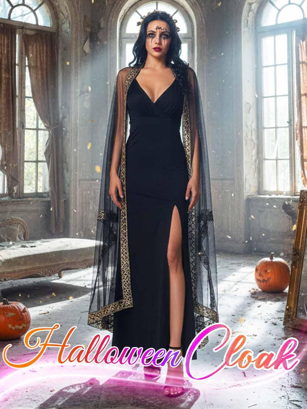 Unicra Black Tulle Cloak Long Cape with Gold Sequin Halloween Costume Cloak Unisex Witch Cosplay Party Cape for Women and Men - Image 2