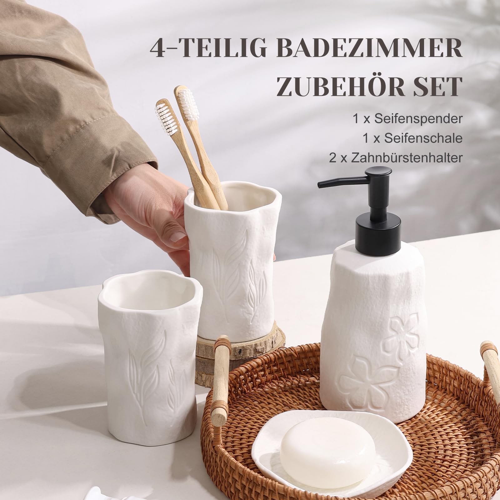 BQSWYD Set Accessori Bagno in Ceramica 4 Pezzi, Set di 4 Accessori per Il Bagno Set da Bagno Portaspazzolino, Portasapone, Distributore di Lozione e Bicchiere per Spazzolino Set Bagno (Gray