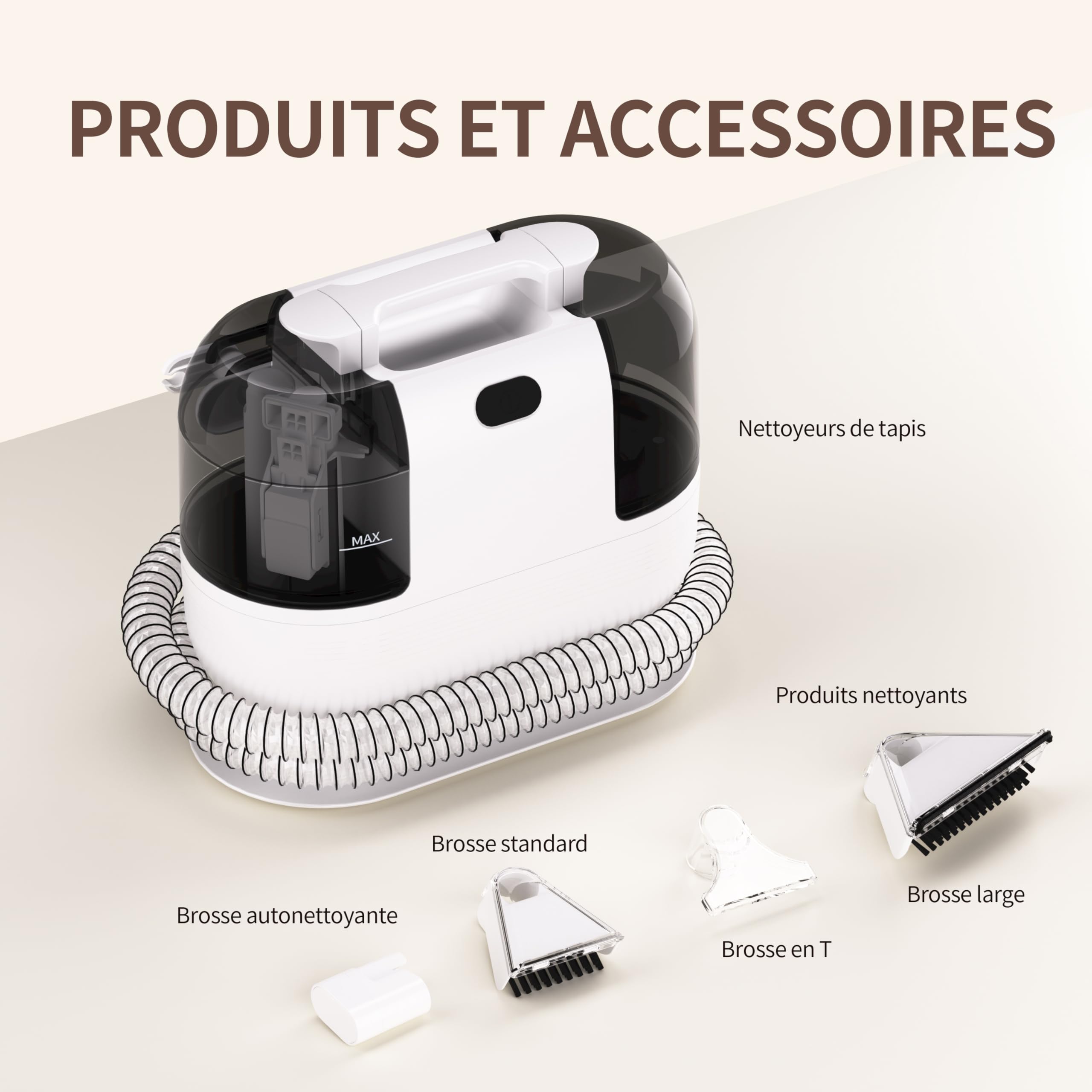 Shampouineuse Canapé Tissu, Nettoyeur Tapis et Moquettes 18 kPa, Moteur 500W, Double Réservoir, Tuyau & Cordon Long, Compact Portable, Nettoyeur pour Canapé, Matelas, Voiture, Textiles Domestiques