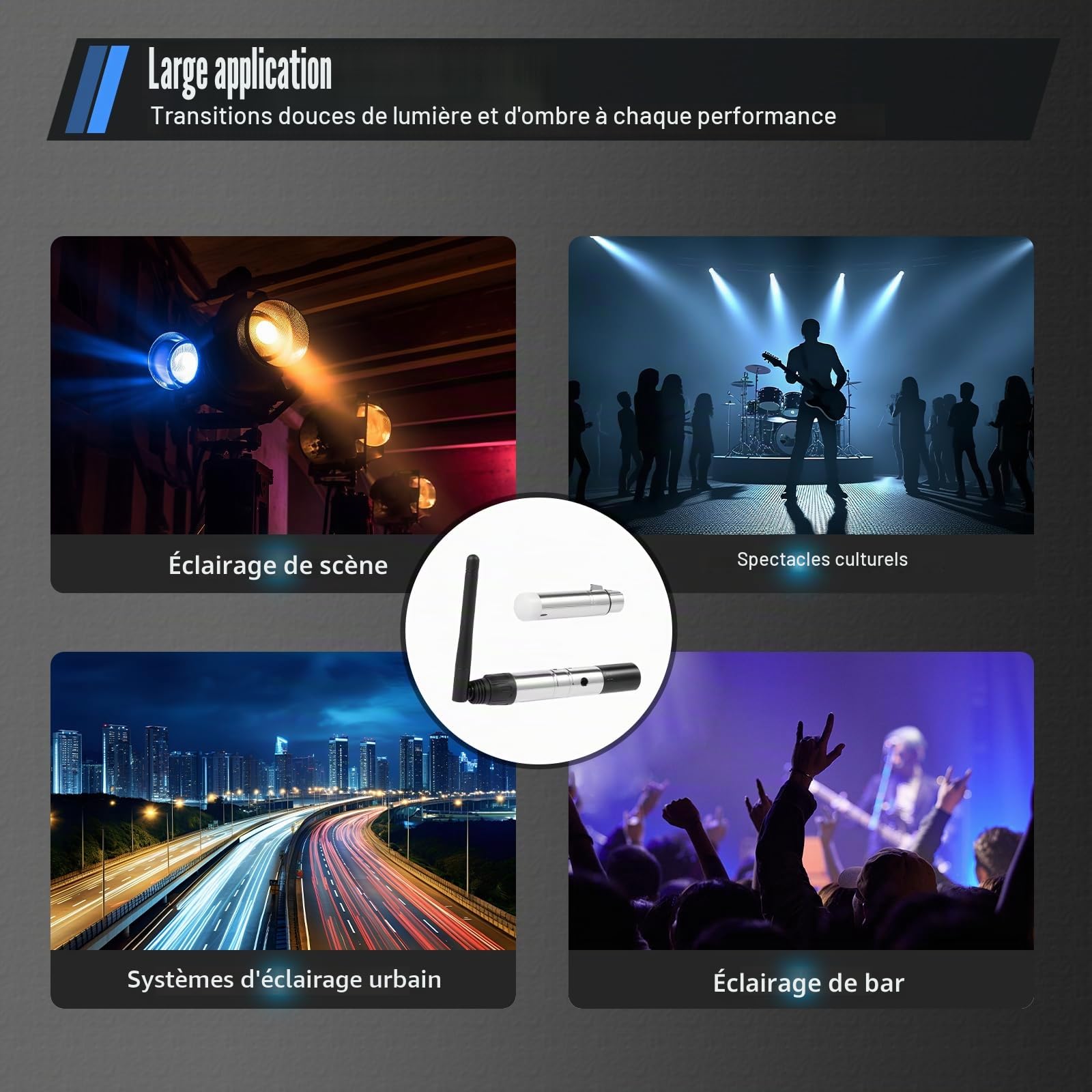DMX512 Transmetteur avec 7 récepteurs, contrôleur DMX sans fil 2,4 G ISM, éclairage LED, contrôleur de lumière DMX sans fil, effets de lumière de signal, contrôle sans fil pour DJ LED sur scène, bar,