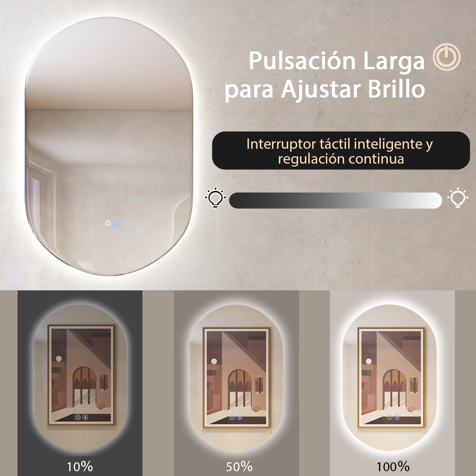 COSTWAY Espejo de Pared LED Ovalado de 80 cm x 50 cm, Retroiluminado y Ajustable en Intensidad, Espejo con 3 Luces de Color e Botón Táctil Inteligente, Antiniebla y a Prueba de Explosiones