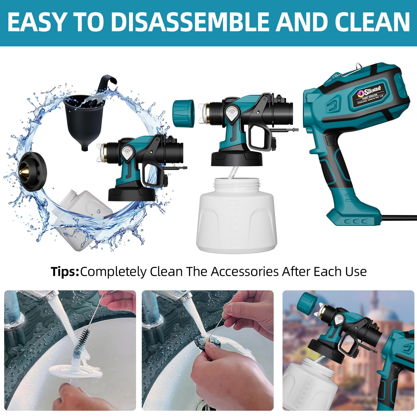 Sistema de pulverización de pintura 850 W HVLP pistola eléctrica, recipiente de 1400 ml, 4 boquillas y 2 patrones de pulverización, flujo ajustable, pistola de pintura con función de limpieza para