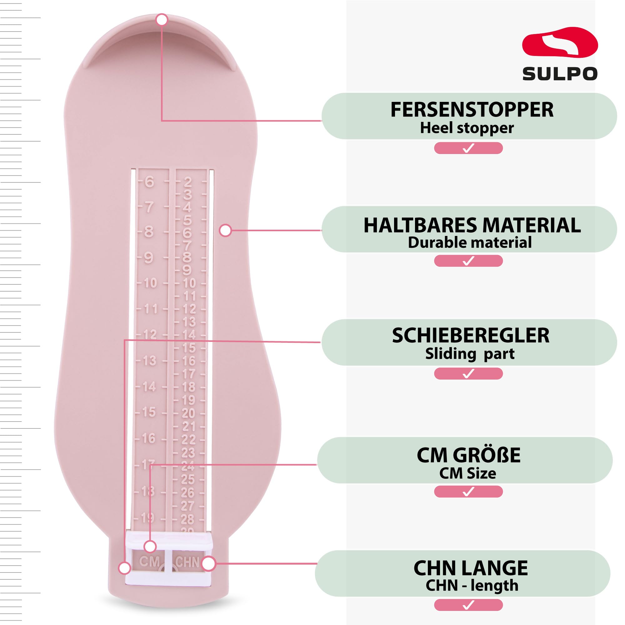 SULPO Jauge de pied pour enfant - Mesure des chaussures de 6 cm à 20 cm - Mesure de Pied pour Chaussures - Règle de mesure - Couleur menthe