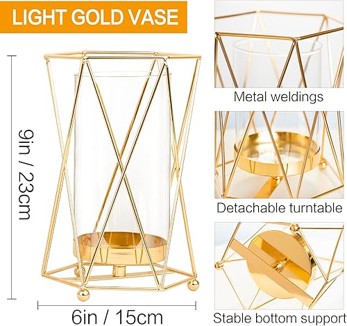 Miniatura 3 de BYBOUS Florero dorado con soporte de metal para decoración geométrica de cristal jarrón interior transparente de cristal jarrón grande moderno