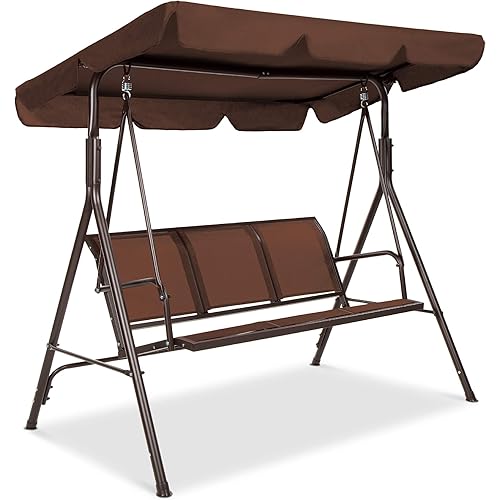 Best Choice Products 2-Seater Outdoor Adjustable Canopy Swing Glider, Patio Loveseat Bench for Deck, Porch w/Armrests, Textilene Fabric, Steel Frame - Brown