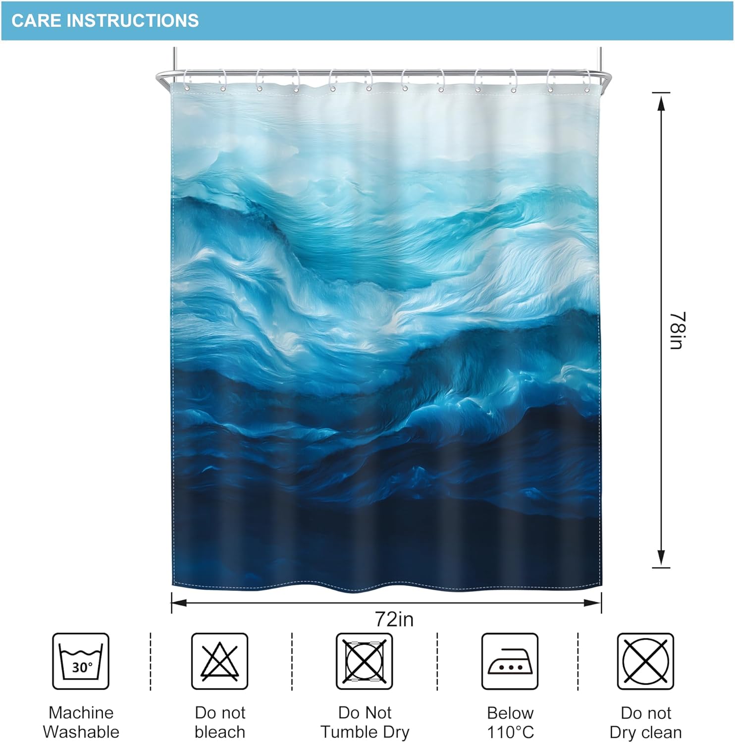 Riyidecor Blue Ocean Wave Shower Curtain Long Abstract Sea Nautical Beach Ombre Modern Seaside Hawaii Nature Aesthetic 72Wx78H Inch Minimalism Fabric Decor Bathroom Polyester Waterproof 12 Pack Hooks