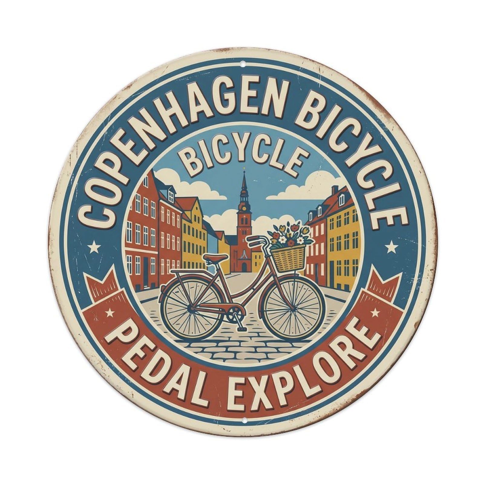 Bicycle Pedal Explore Copenhagen Vehicle Metal Tin Sign Plaque Wall Decor for Cafe, Club, Garden Round Metal Poster 8x8Inch