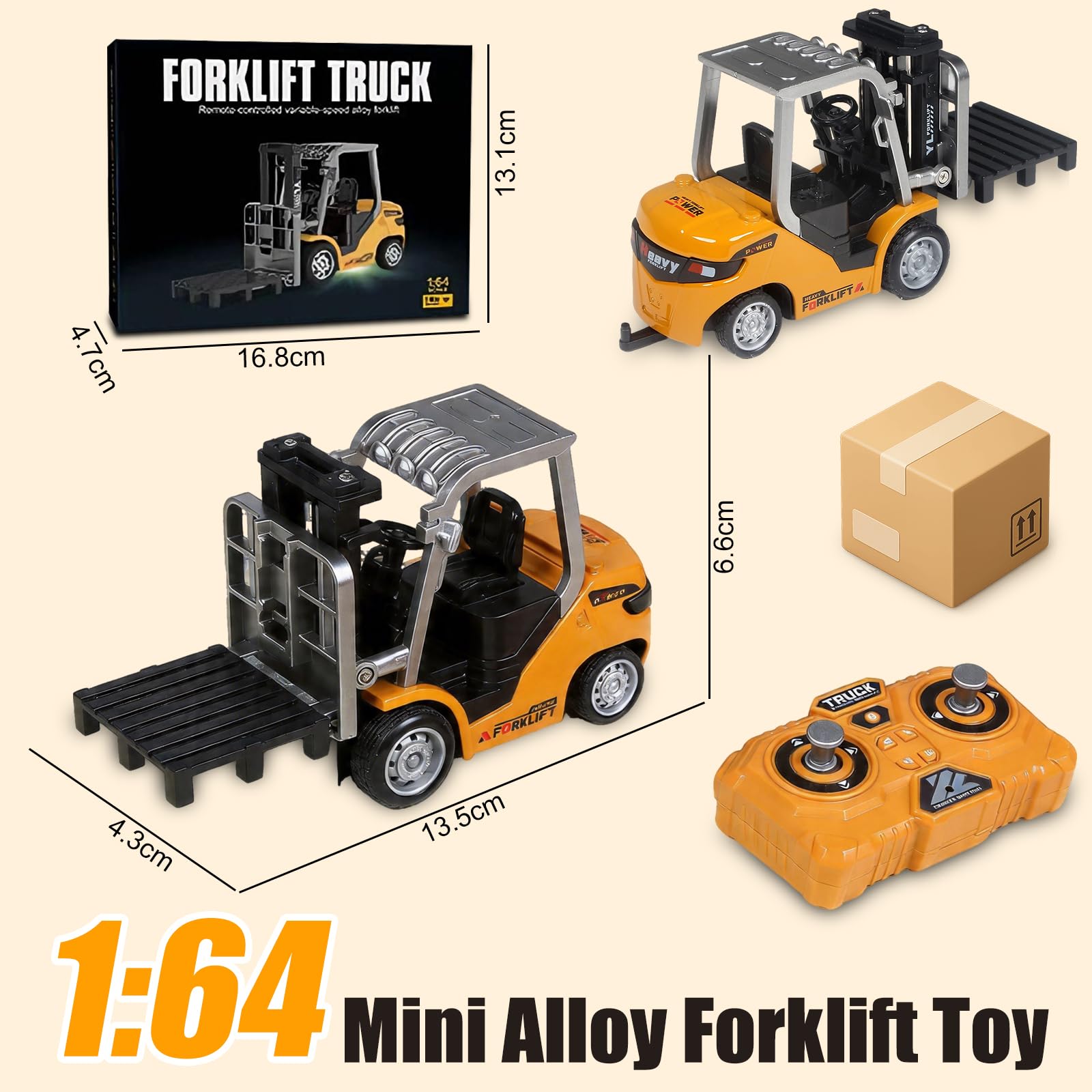 OBEST Mini RC Carretilla Elevadora de Metal, 1:64 2,4 GHz Juguetes para Vehículos de Ingeniería, Paleta/Gancho Colgante, Control de Aplicación, 3 Posiciones de Velocidad, luz y Sonido, Carga USB