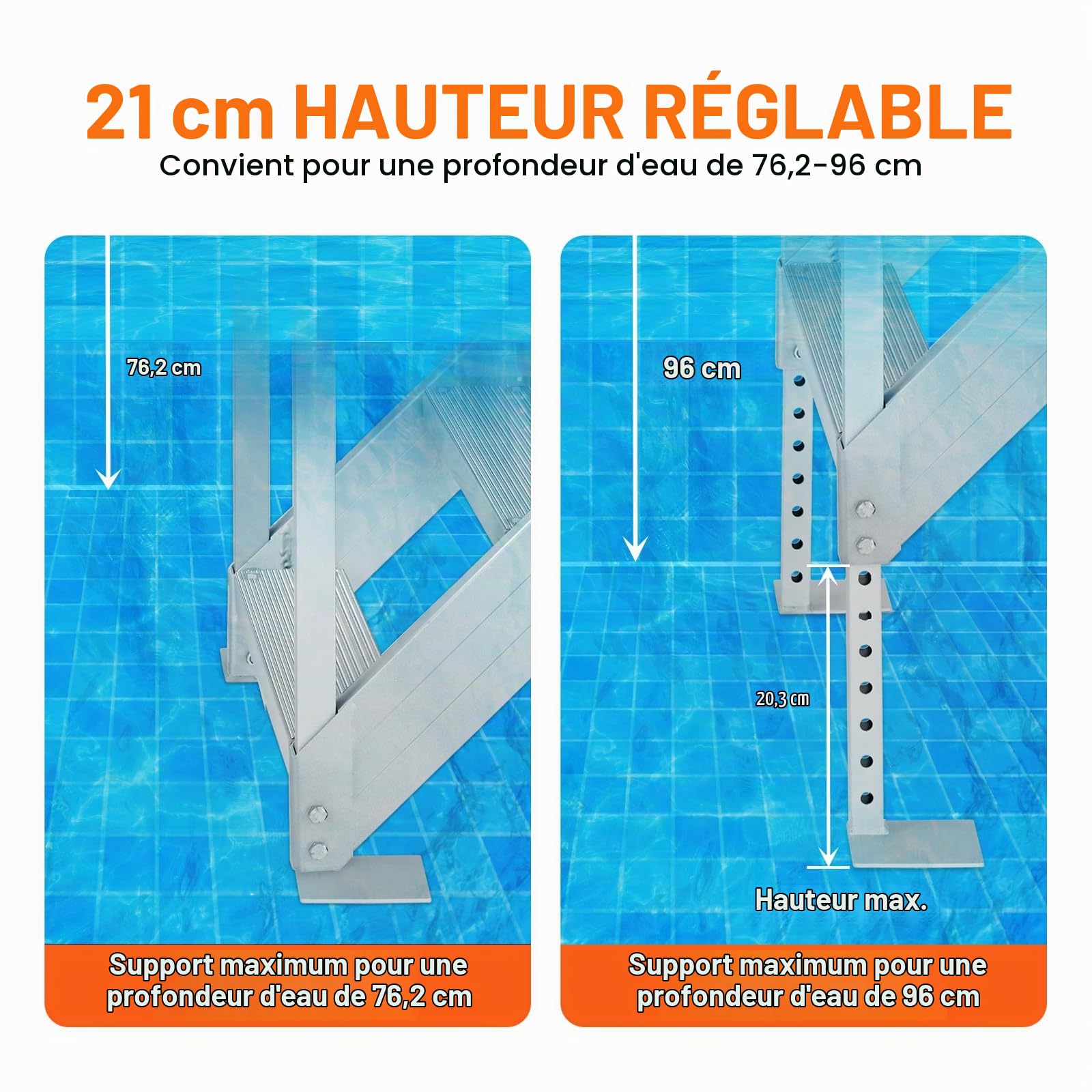 VEVOR Échelle de Quai de Bateau Ponton Hauteur Réglable 75-96 cm 4 Marches en Alliage Aluminium Grande Capacité de Charge 226 kg avec Double Mains Courantes pour Embarquement sur Bateaux, Piscines