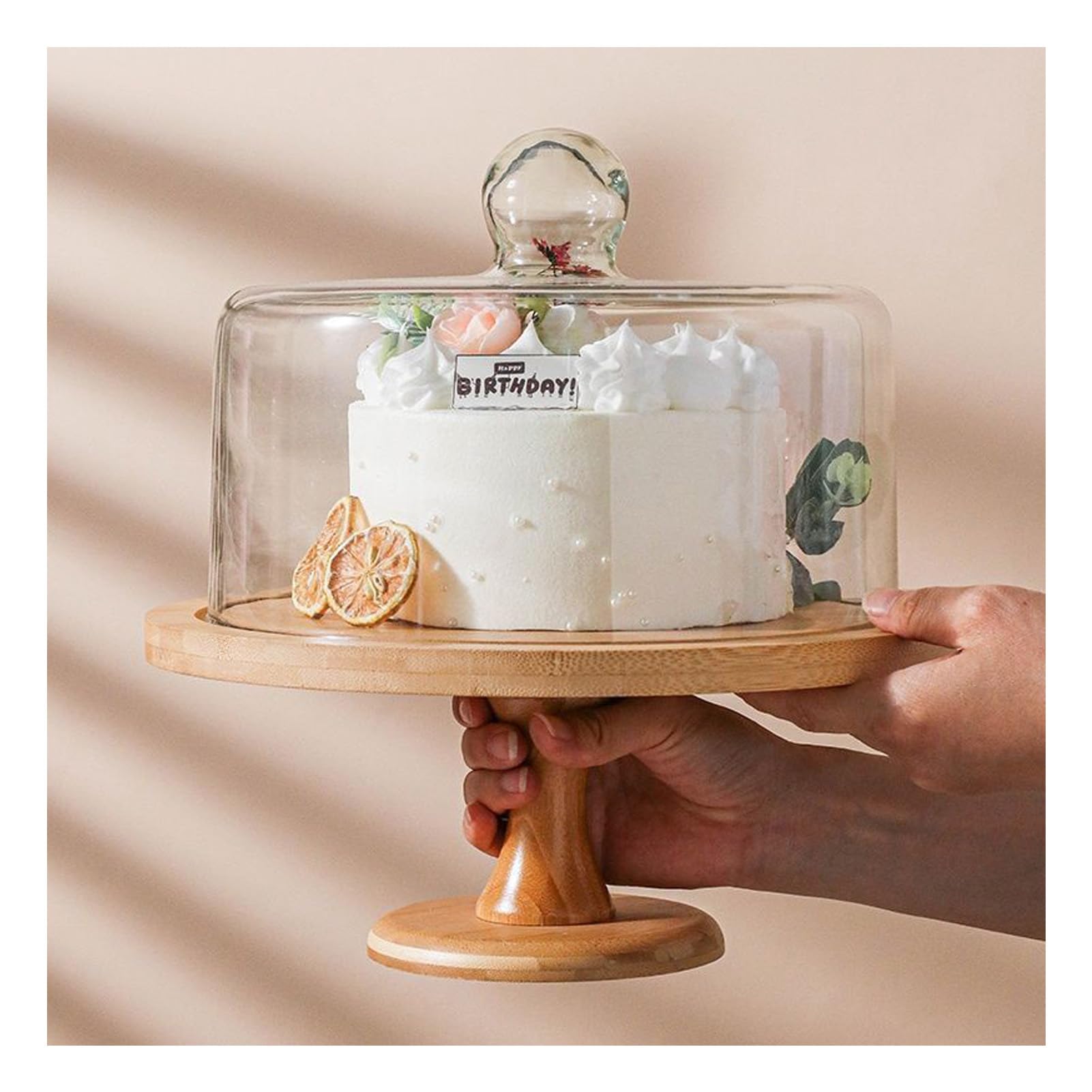 Dxcaicc Cake Plate with Lid, Wooden Cake Stand with Dome Cover, Cake Plate Display Server Tray for Birthday Kitchen Party Wedding,8Inch wirth Lid