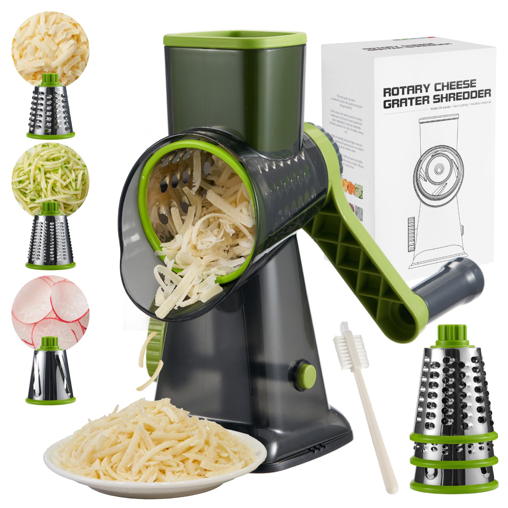 ALEXPHY Rotary Cheese Grater hand crank 3 blades with Stronger Suction Base | Stainless Steel Blades for Fruits, Vegetables, Nuts. Dishwasher Safe & Easy to Clean, Transparent Black & Green