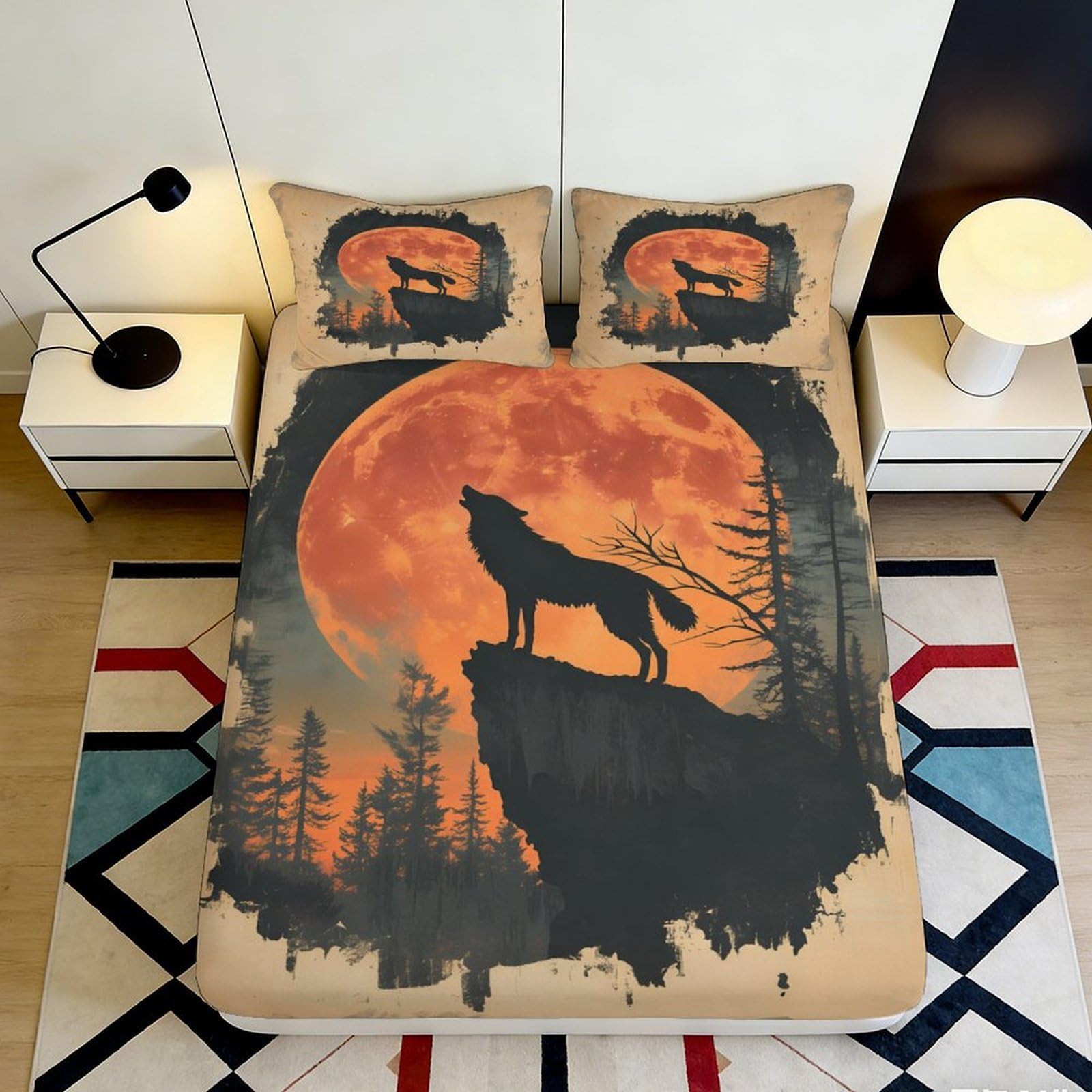 3D Printed Wolf Howling Moon Fitted Sheet Microfiber Orange Nature Forest Mattress Cover for Bedroom Guest Room Easy Care 90x200x25cm
