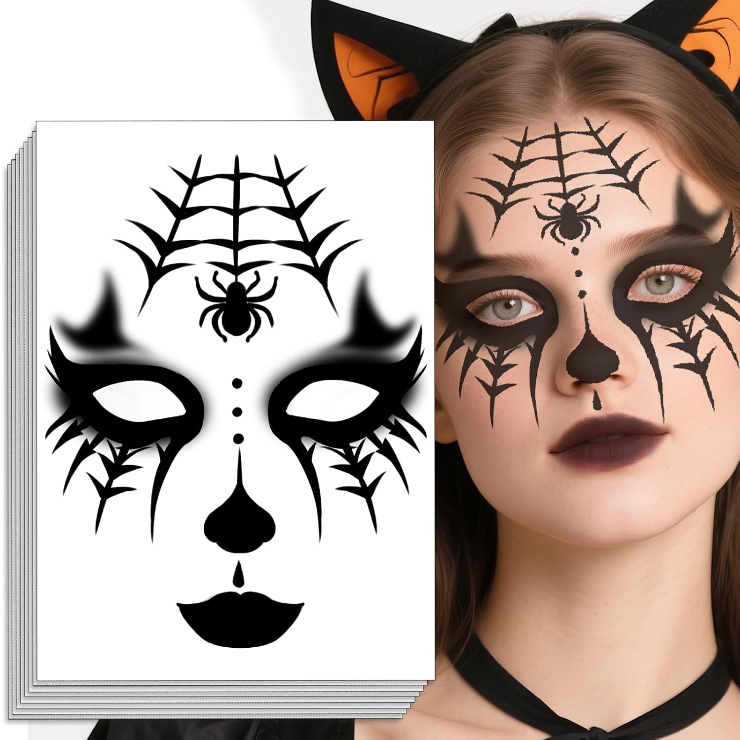 Halloween Temporary Tattoos Day of the Dead Face Tattoos Spider Eye Web Tattoos Sticker 8 Sheets Day of the Dead Makeup Decals for Halloween Party Decorations Pattern-17