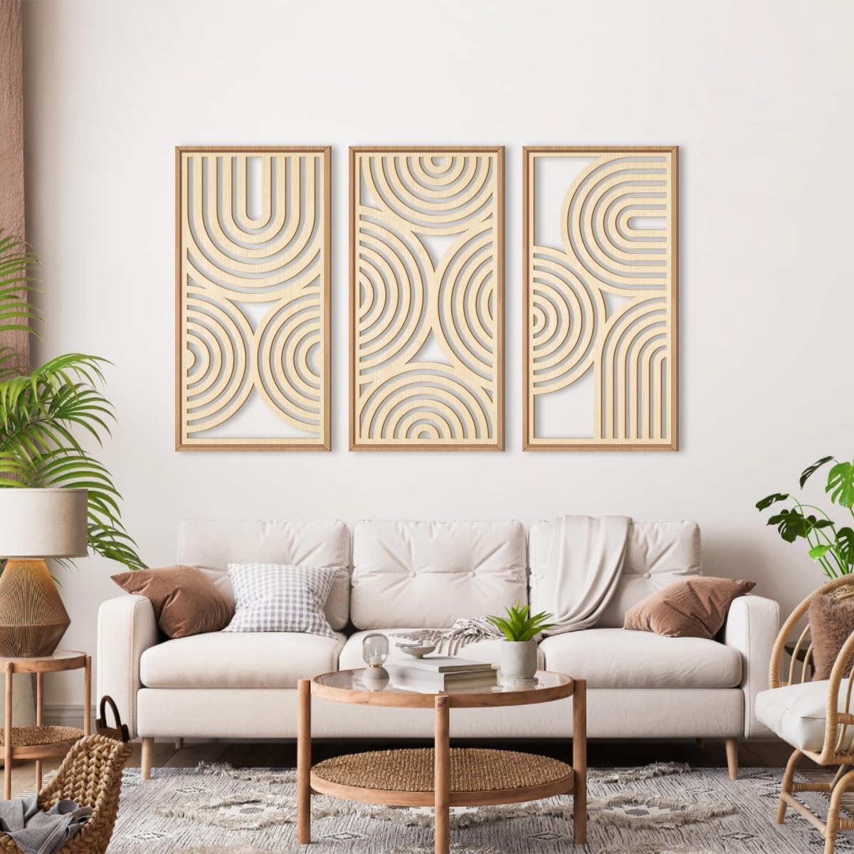 Condition photo showing New/Like New for IARTTOP Framed Geometric Wood Wall Art Set Of 3 Abstract Geometric Wall Art Wooden Boho Wall Decor For Living Room Bedroom Office16x32 Inch Beige