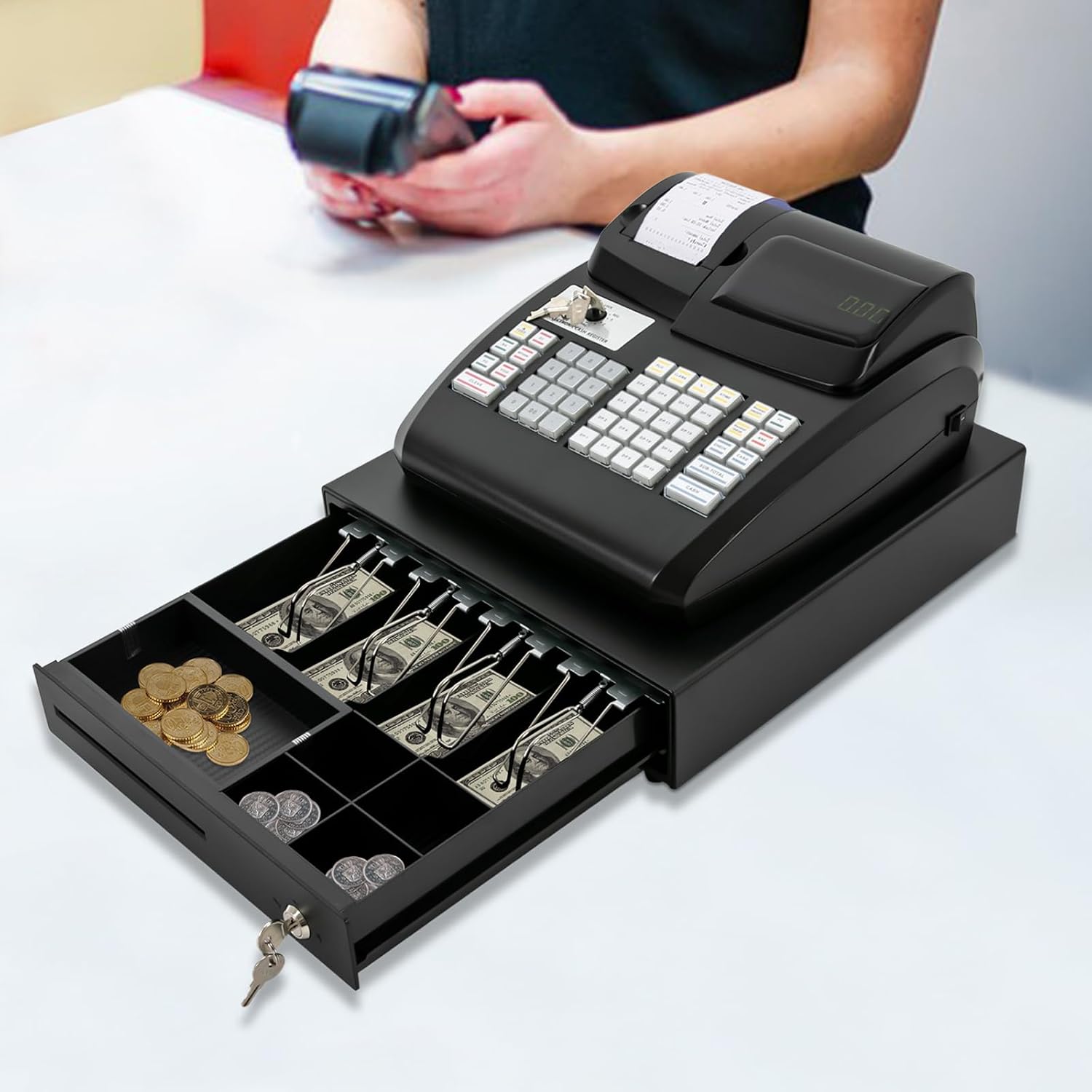 47 Keys Commercial Cash Register with High-Speed Thermal Printer, 6-Digit LED Display Automatic POS System for Retail Stores, Restaurants, Supermarkets, Small Business Management