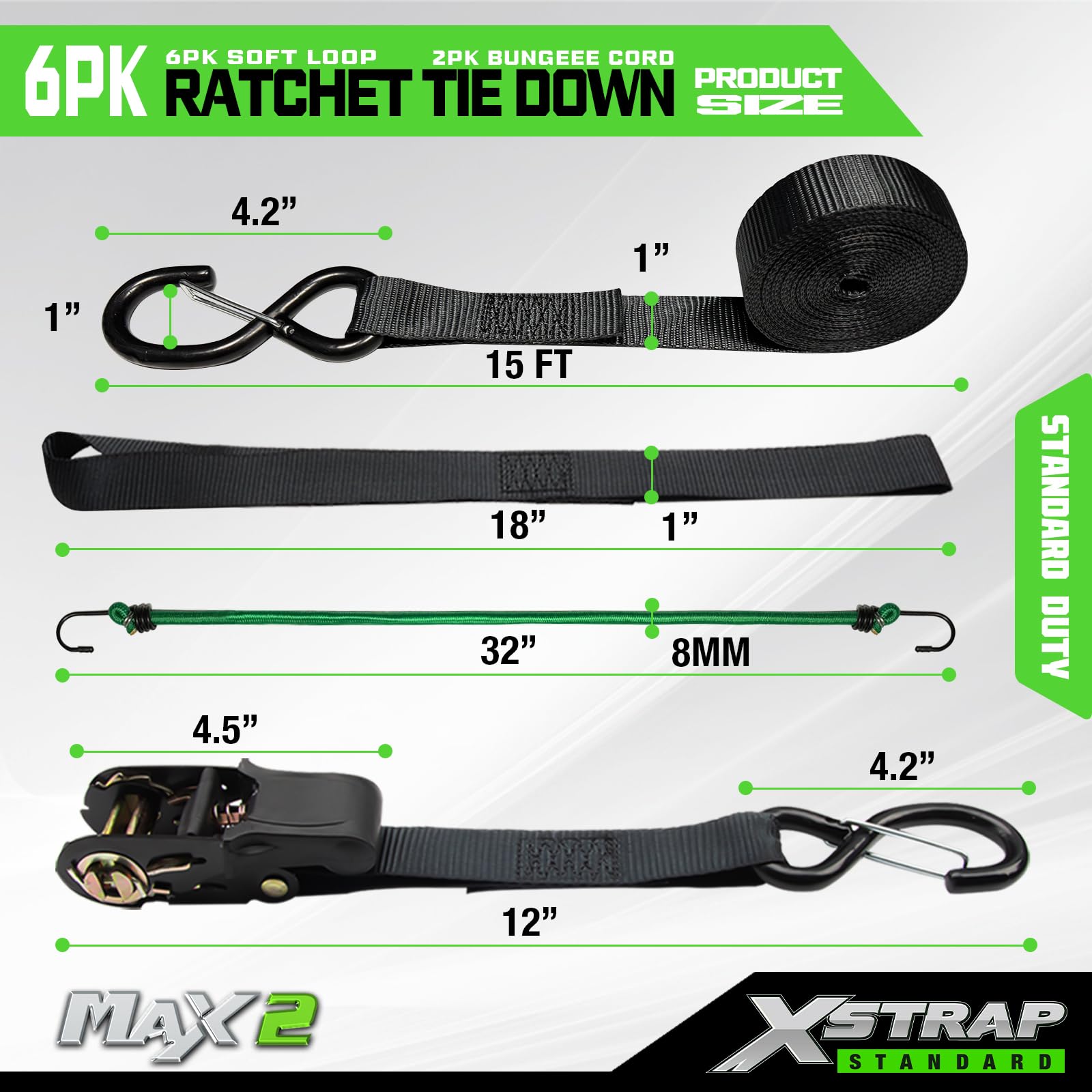 XSTRAP Standard Spanngurte mit Ratsche – 6 Stück, 2,5 cm x 4,8 m – 857 kg Bruchfestigkeit, Sicherheitsverriegelung, S-Haken, mit 6 weichen Schlaufen, 2 Bungee-Schnüre, logistische Cargogurte für