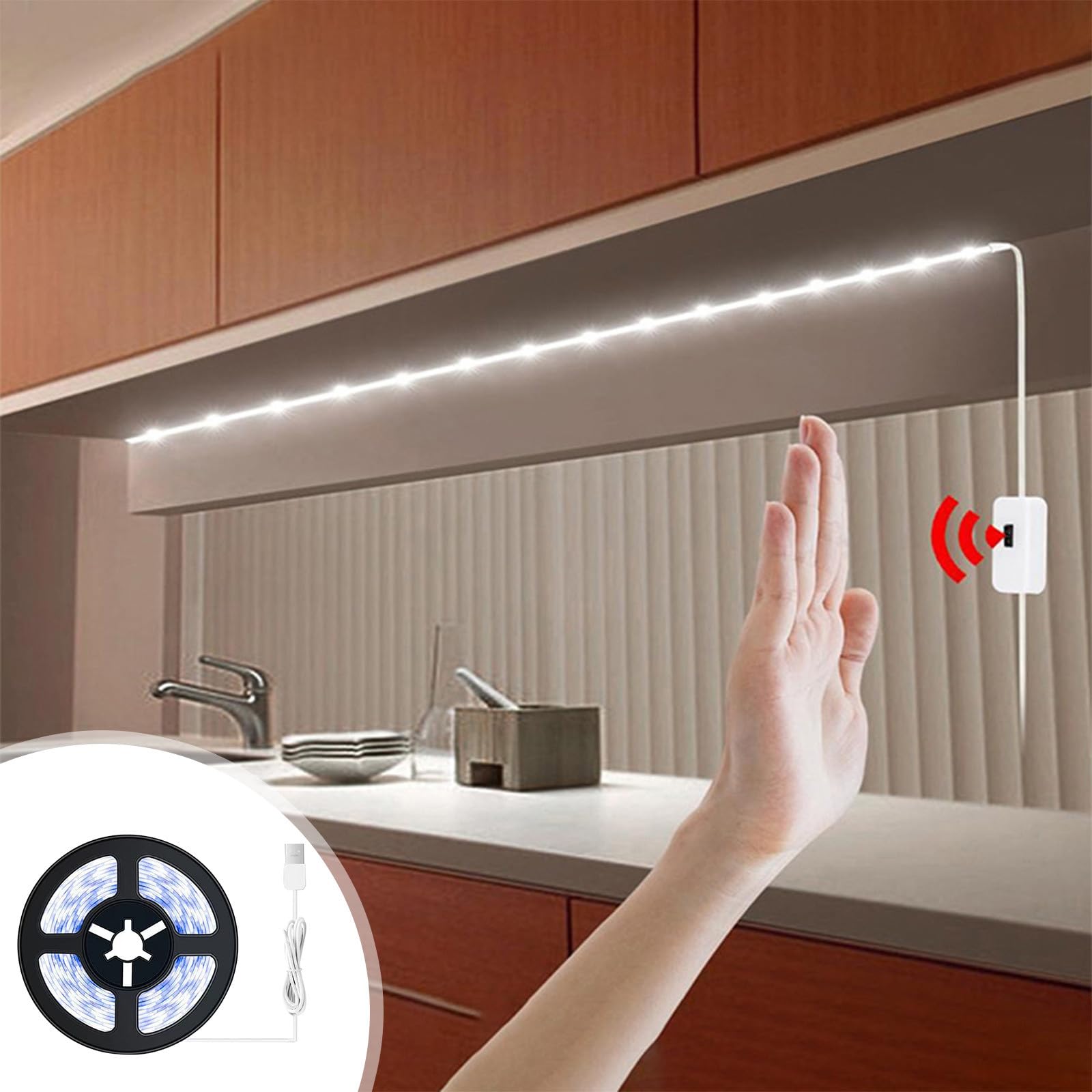 xinxinyu 2m Motion Sensor LED Strip Lights,USB Rechargeable LED Cold ＆ Warm Night Light, Auto on/Off, Battery Powered for Closet, Cabinet, Kitchen, Stairs, Under Bed Indoor Lighting (Cold Light)