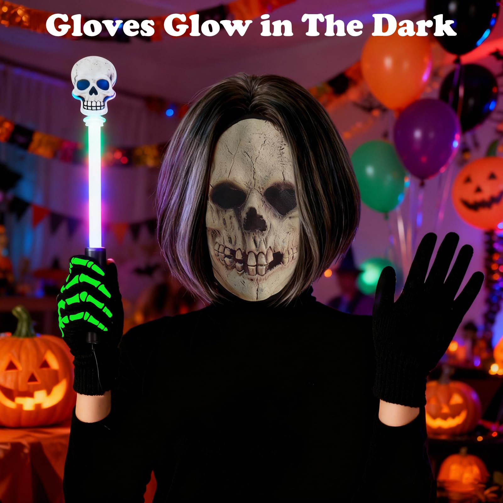 Vspek Halloween Facemask, Short Grey Wig for Women Skeleton Gloves Glow in The Dark - Image 2
